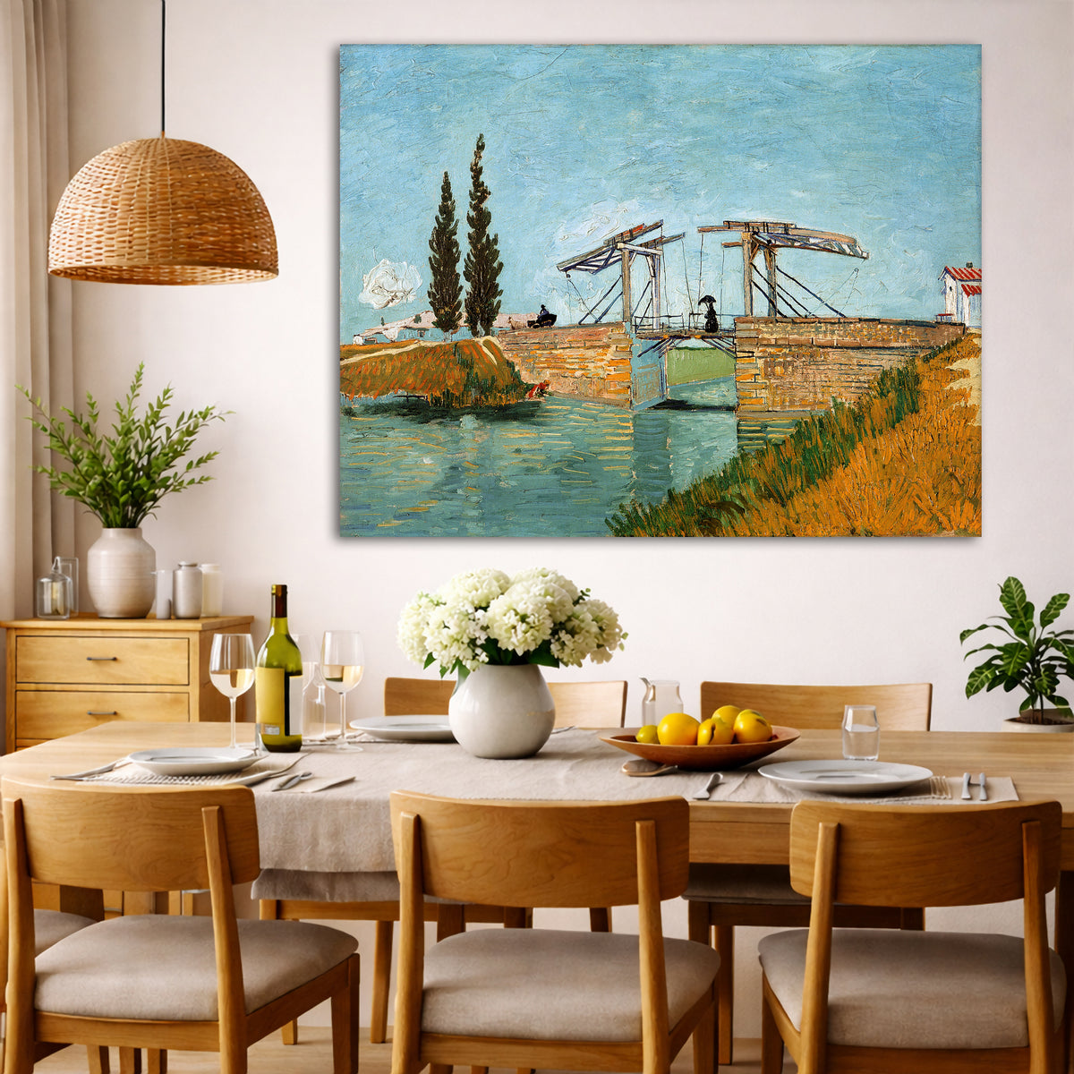 Vincent van Gogh - Langlois Bridge at Arles Giclée canvas wall art displayed in a dining room interior