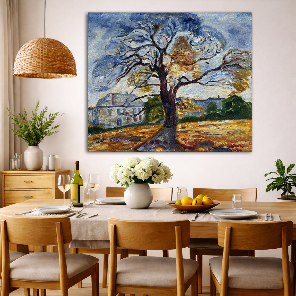 Edvard Munch - The Oak Tree Giclée canvas wall art displayed in a dining room interior