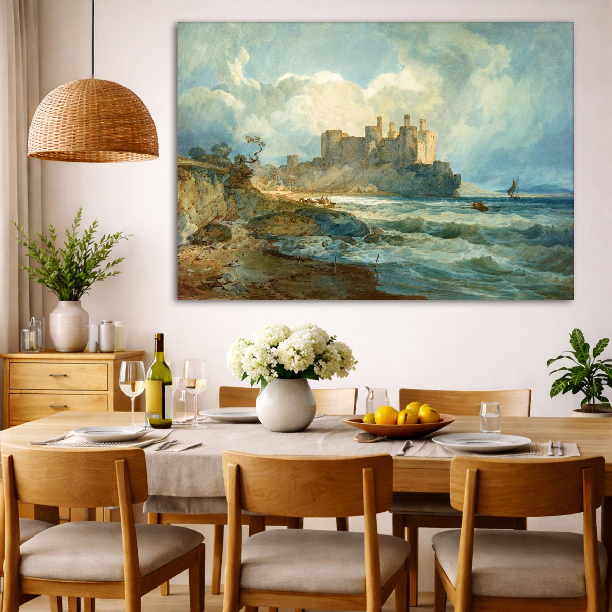 William Turner - Conway Castle North Wales Giclée canvas wall art displayed in a dining room interior