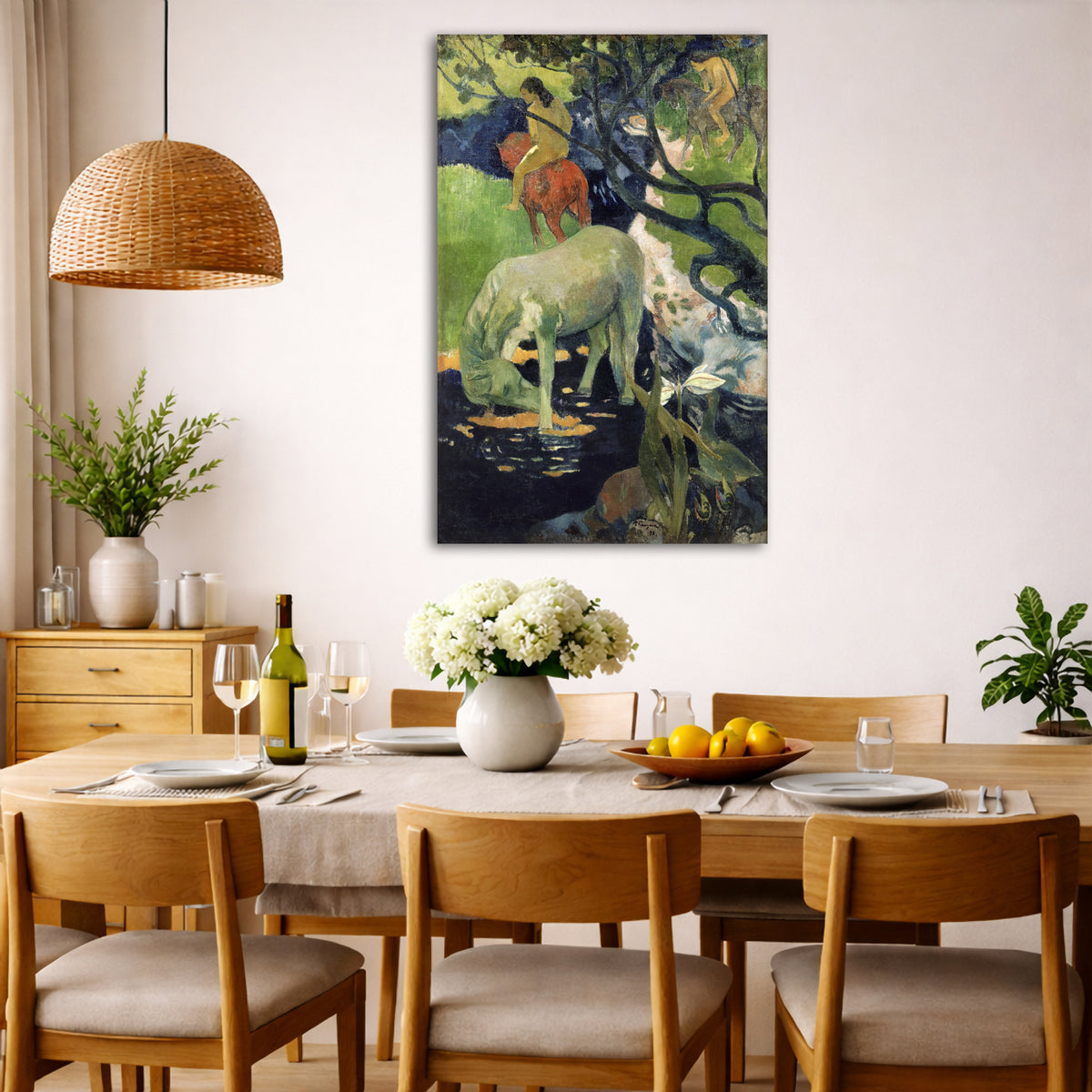 Paul Gauguin - The White Horse Giclée canvas wall art displayed in a dining room interior