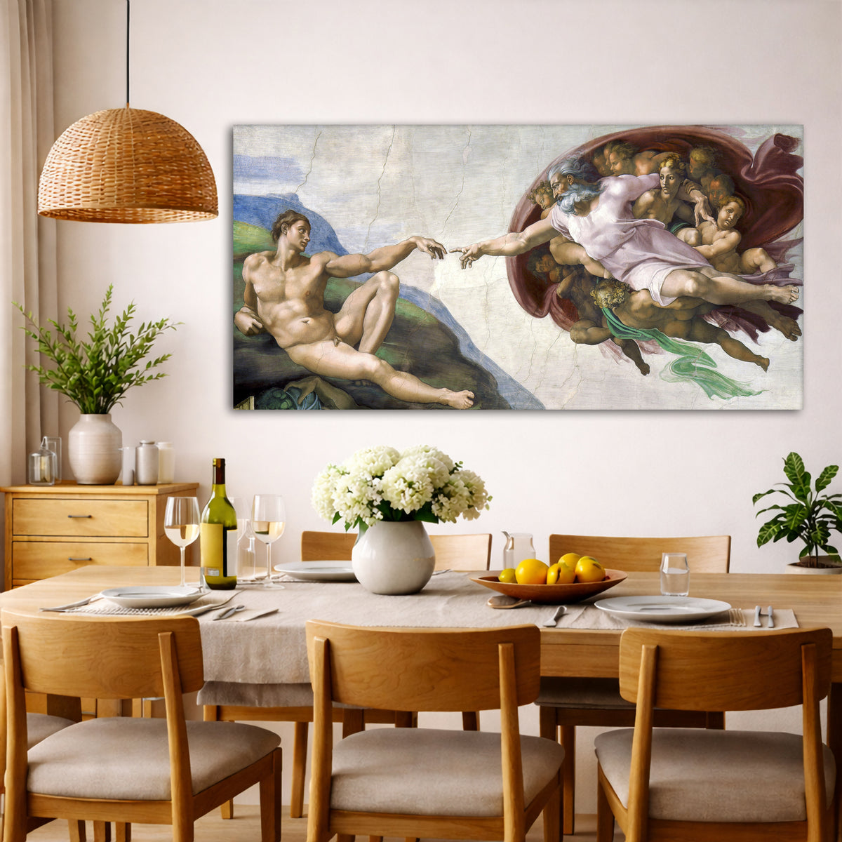 Michelangelo - Creation of Adam Giclée canvas wall art displayed in a dining room interior