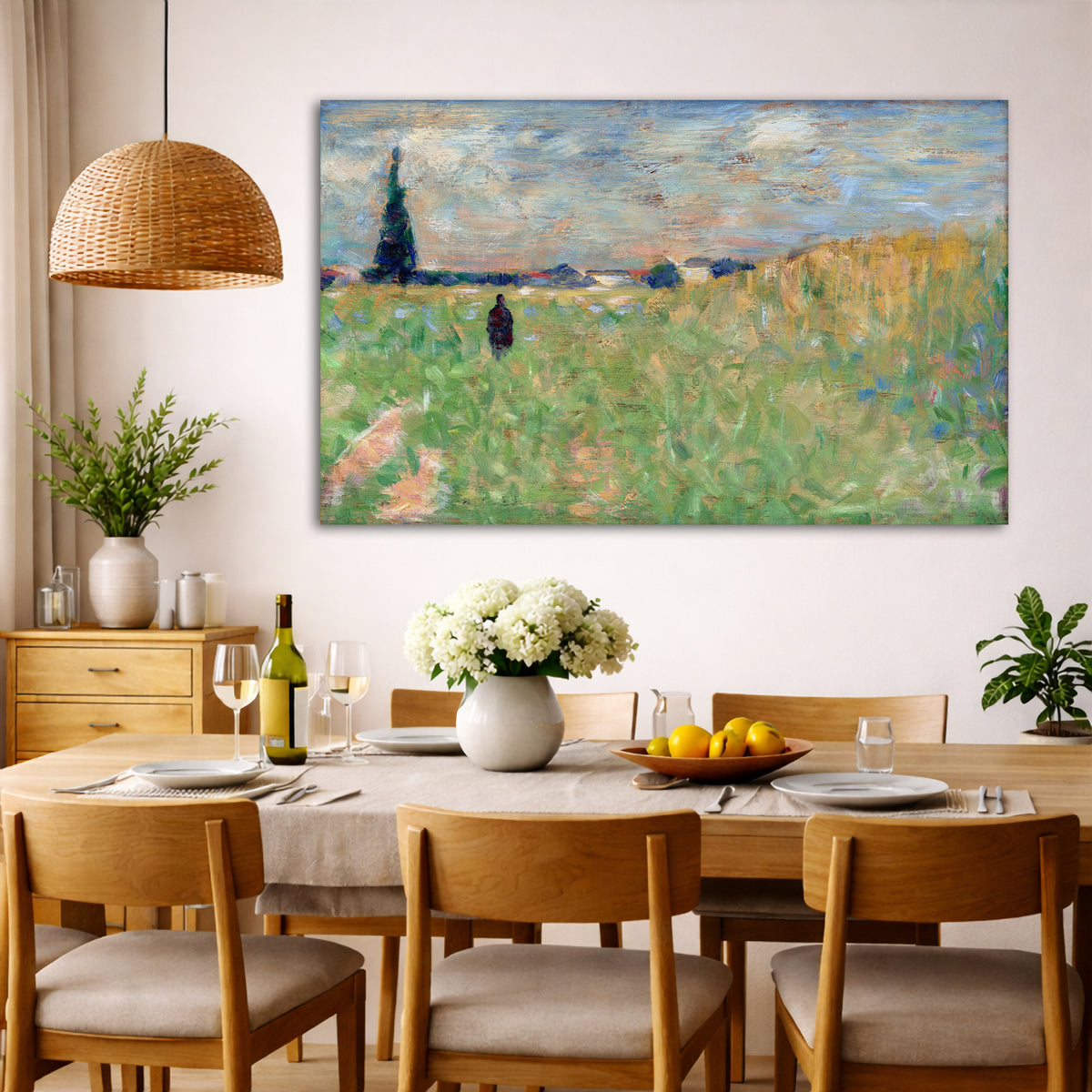 Georges Seurat - Summer Landscape Giclée canvas wall art displayed in a dining room interior