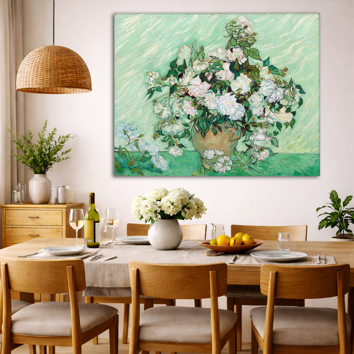 Vincent van Gogh - Roses Giclée canvas wall art displayed in a dining room interior