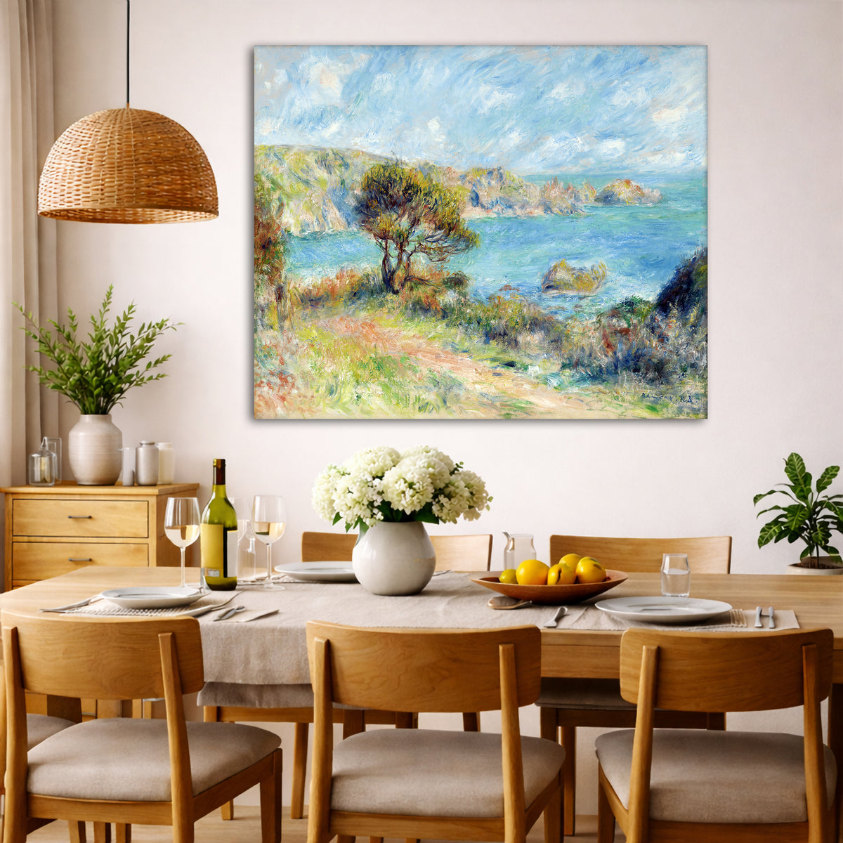 Pierre-Auguste Renoir - View at Guernsey Giclée canvas wall art displayed in a dining room interior
