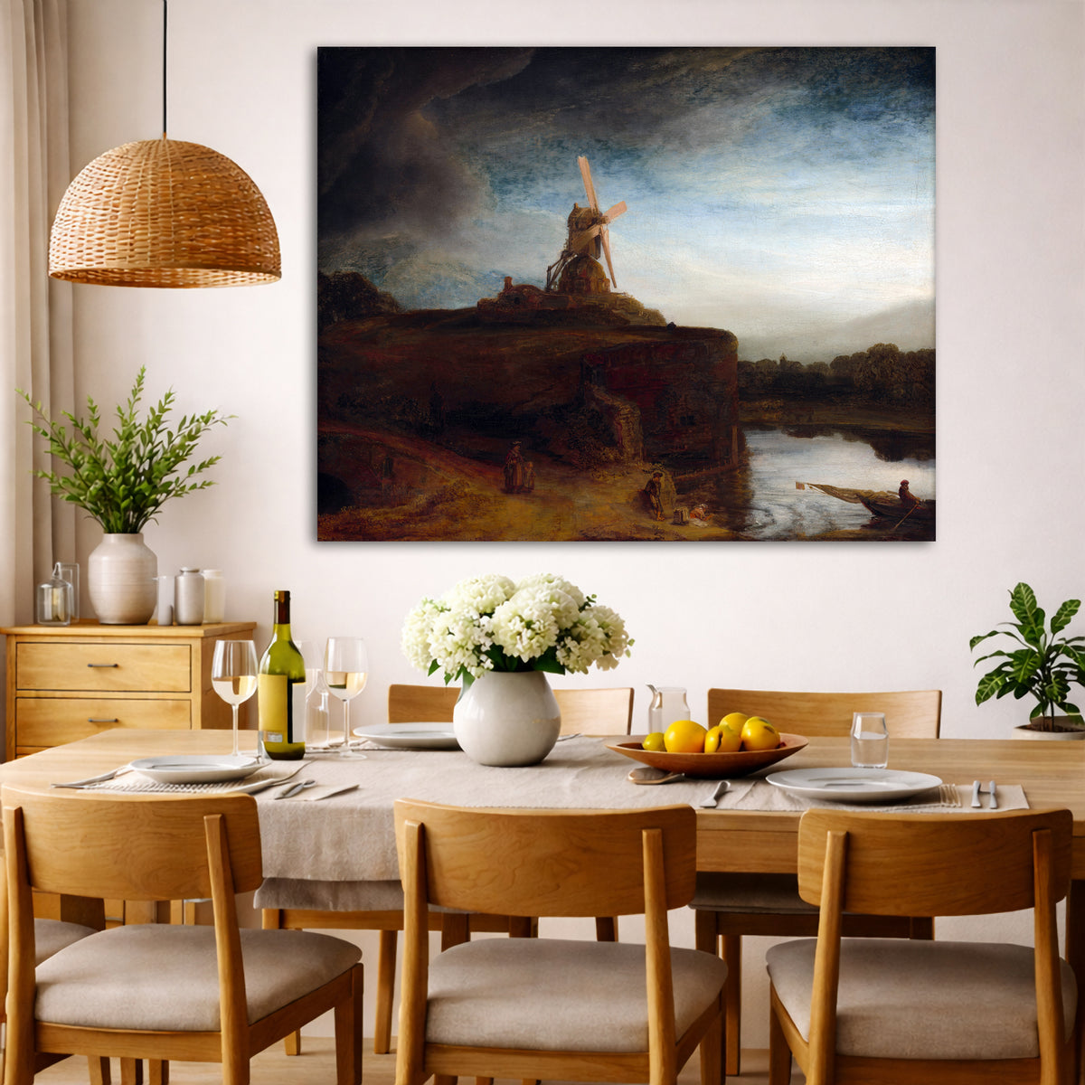 Rembrandt van Rijn - The Mill Giclée canvas wall art displayed in a dining room interior