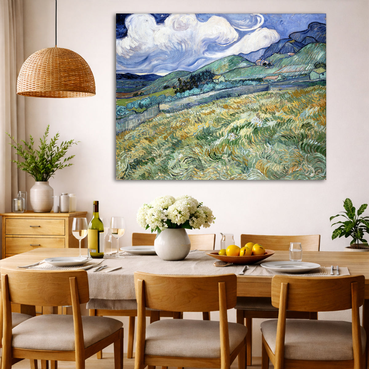 Vincent van Gogh - Landscape from Saint Remy Giclée canvas wall art displayed in a dining room interior