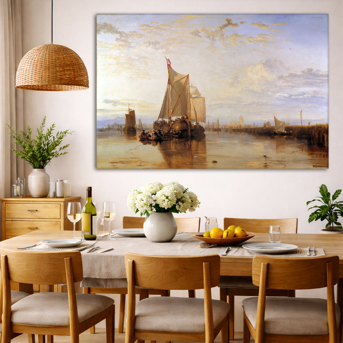 William Turner - The Dort Packet Boat Giclée canvas wall art displayed in a dining room interior