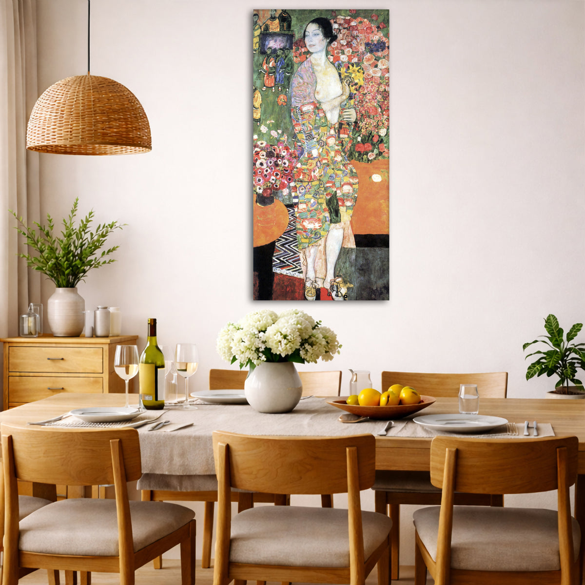 Gustav Klimt - The Dancer Giclée canvas wall art displayed in a dining room interior
