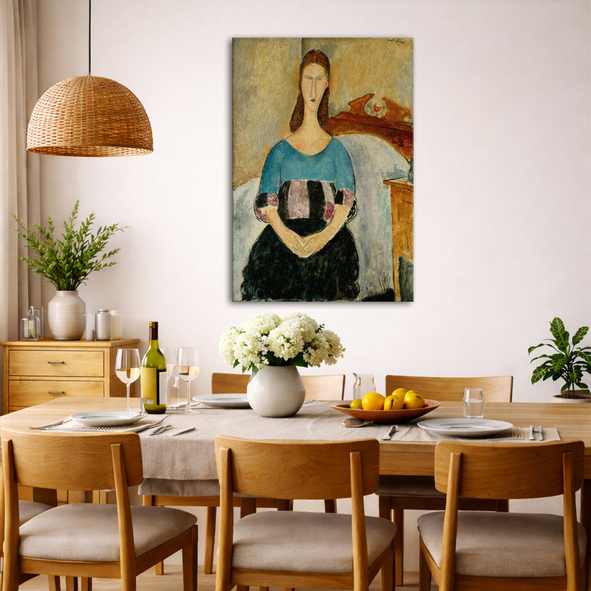 Amedeo Modigliani - Jeanne Hebuterne Seated Giclée canvas wall art displayed in a dining room interior