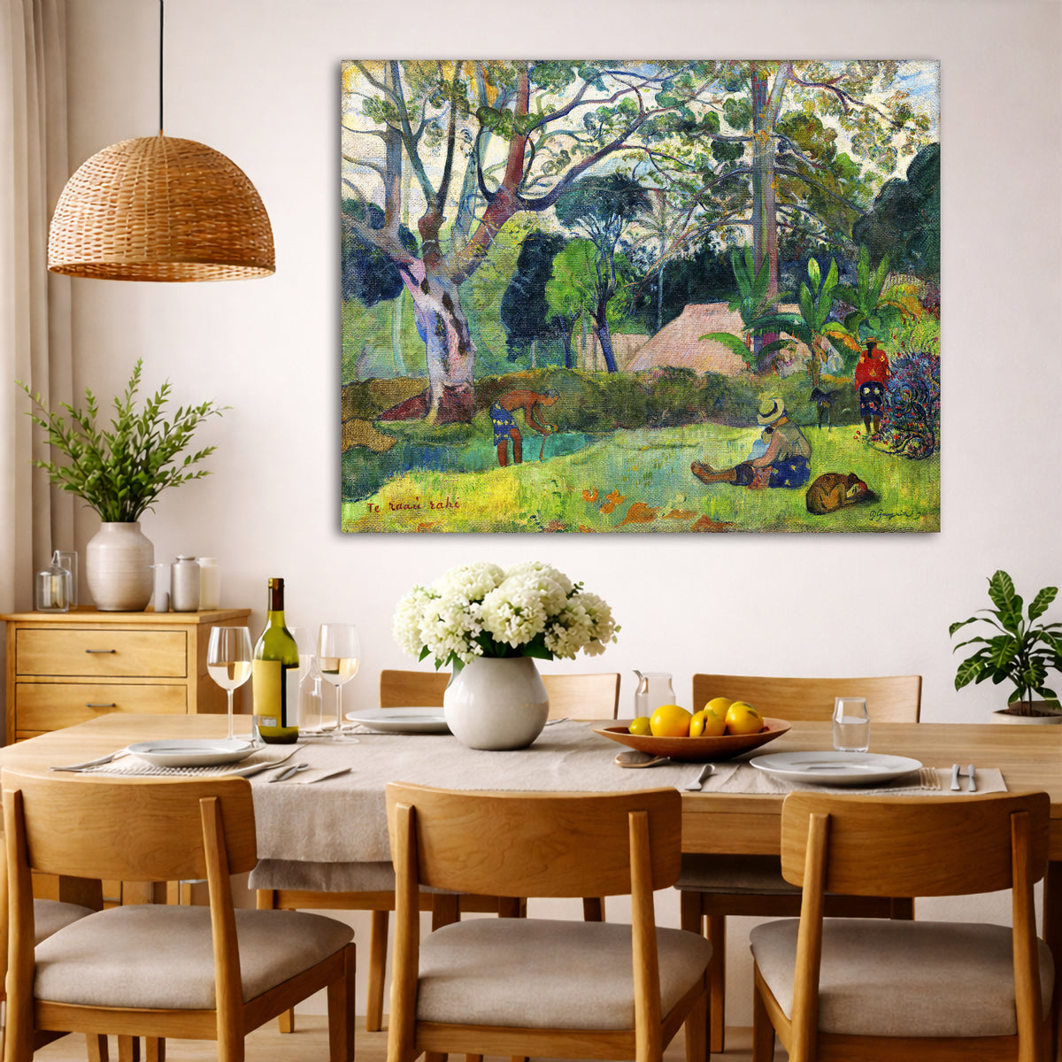 Paul Gauguin - The Big Tree Te raau rahi Giclée canvas wall art displayed in a dining room interior