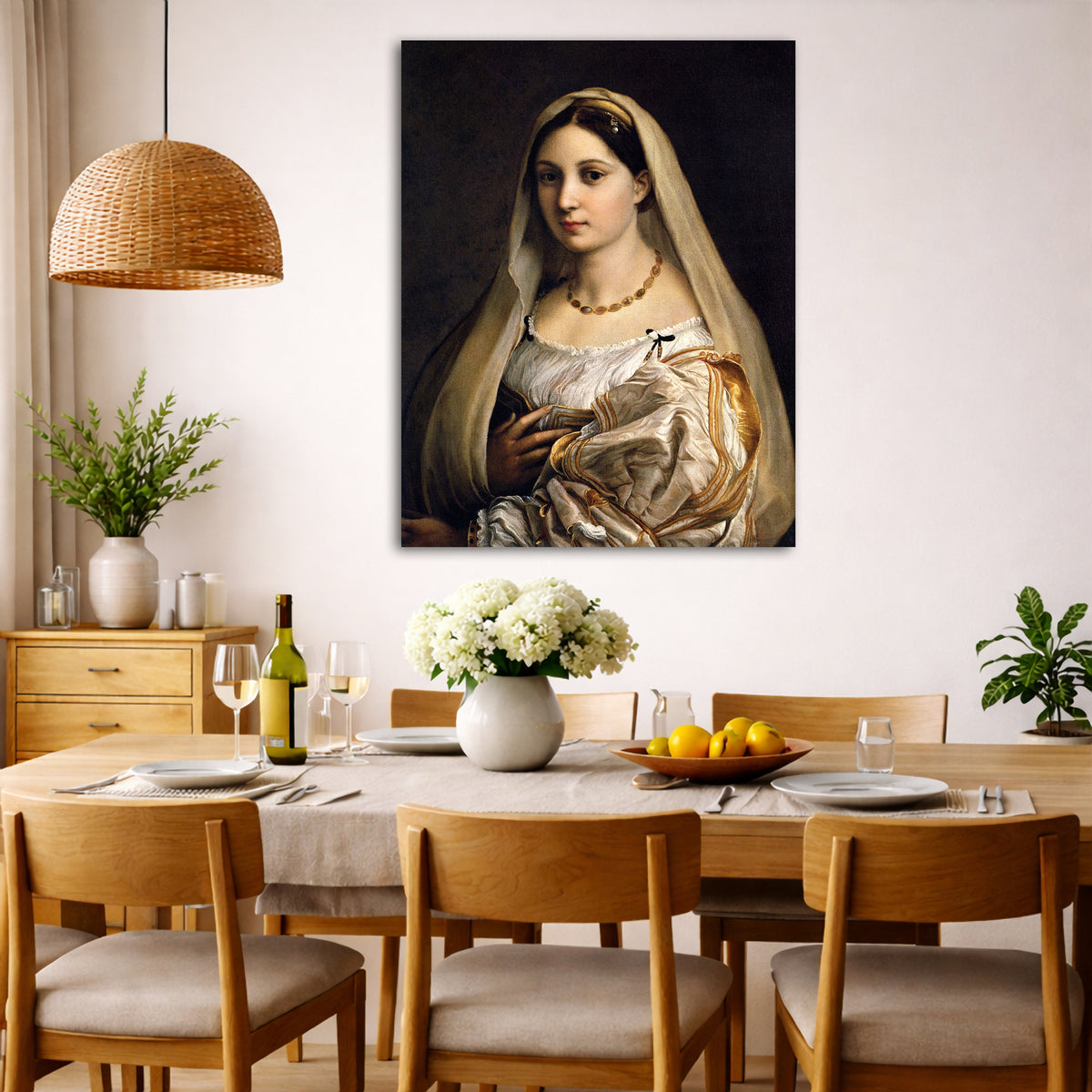 Raphael - Woman with a Veil Giclée canvas wall art displayed in a dining room interior
