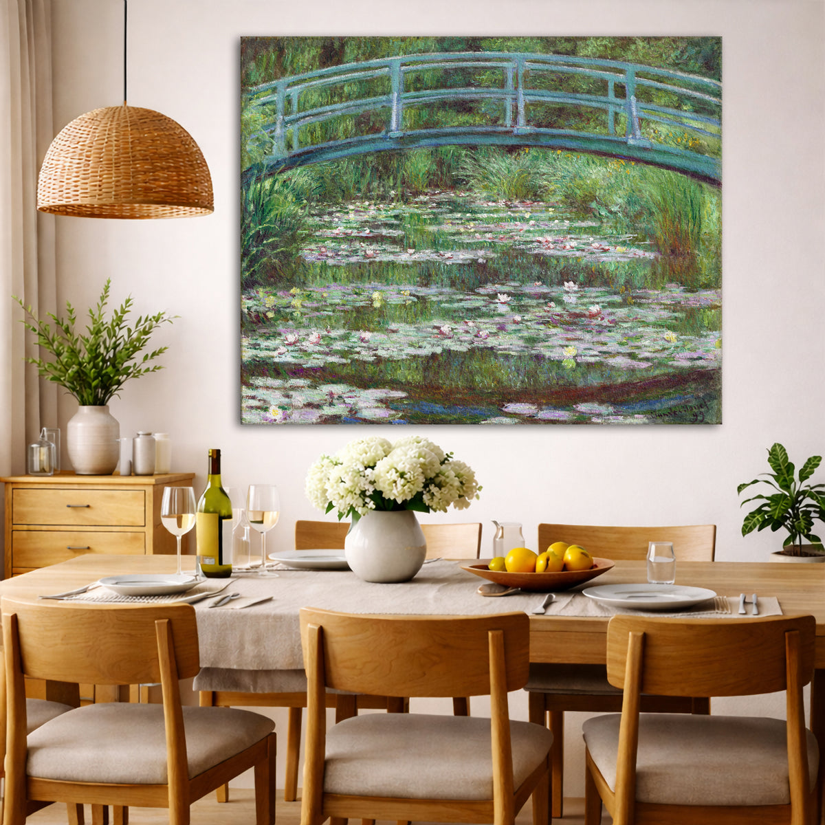 Claude Monet - Japanese Bridge Giclée canvas wall art displayed in a dining room interior