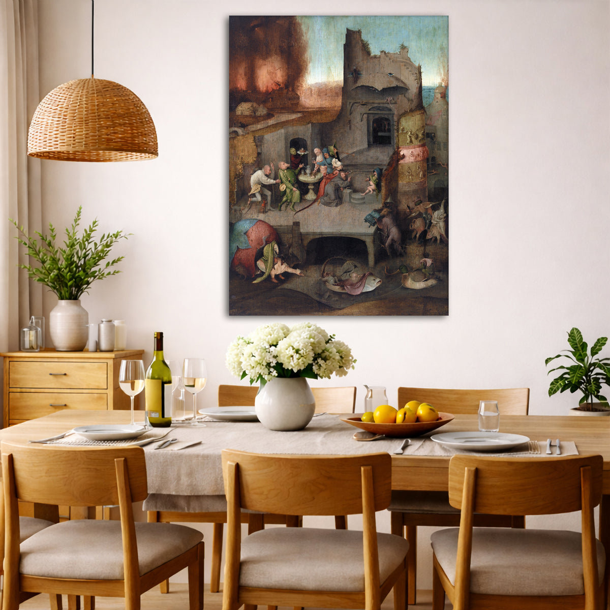 Hieronymus Bosch - St Anthony Giclée canvas wall art displayed in a dining room interior