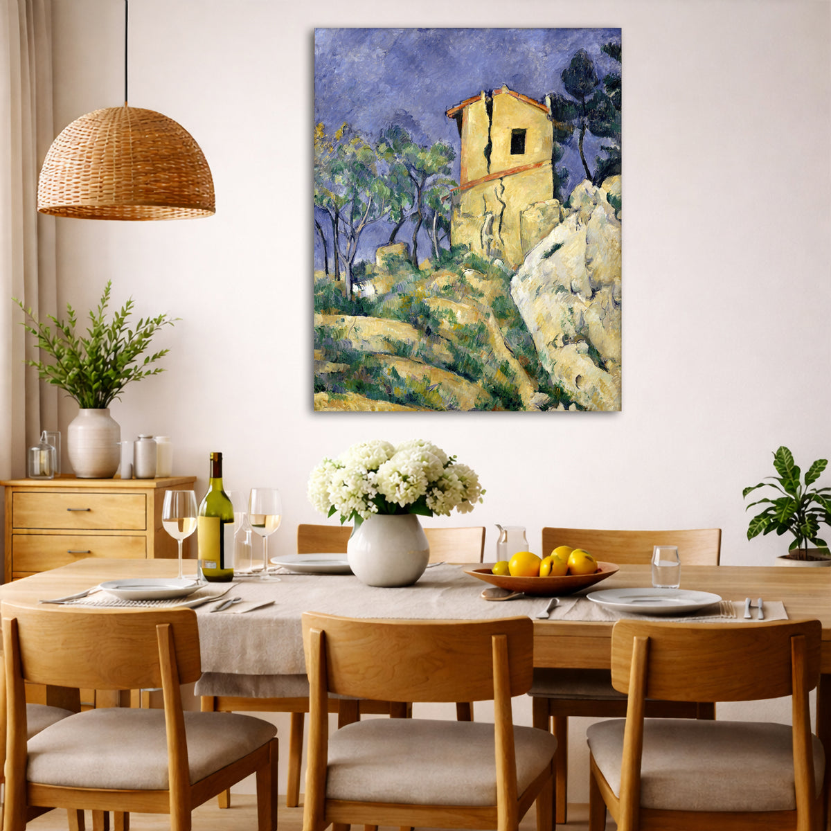 Paul Cézanne - The House with Cracked Walls Giclée canvas wall art displayed in a dining room interior