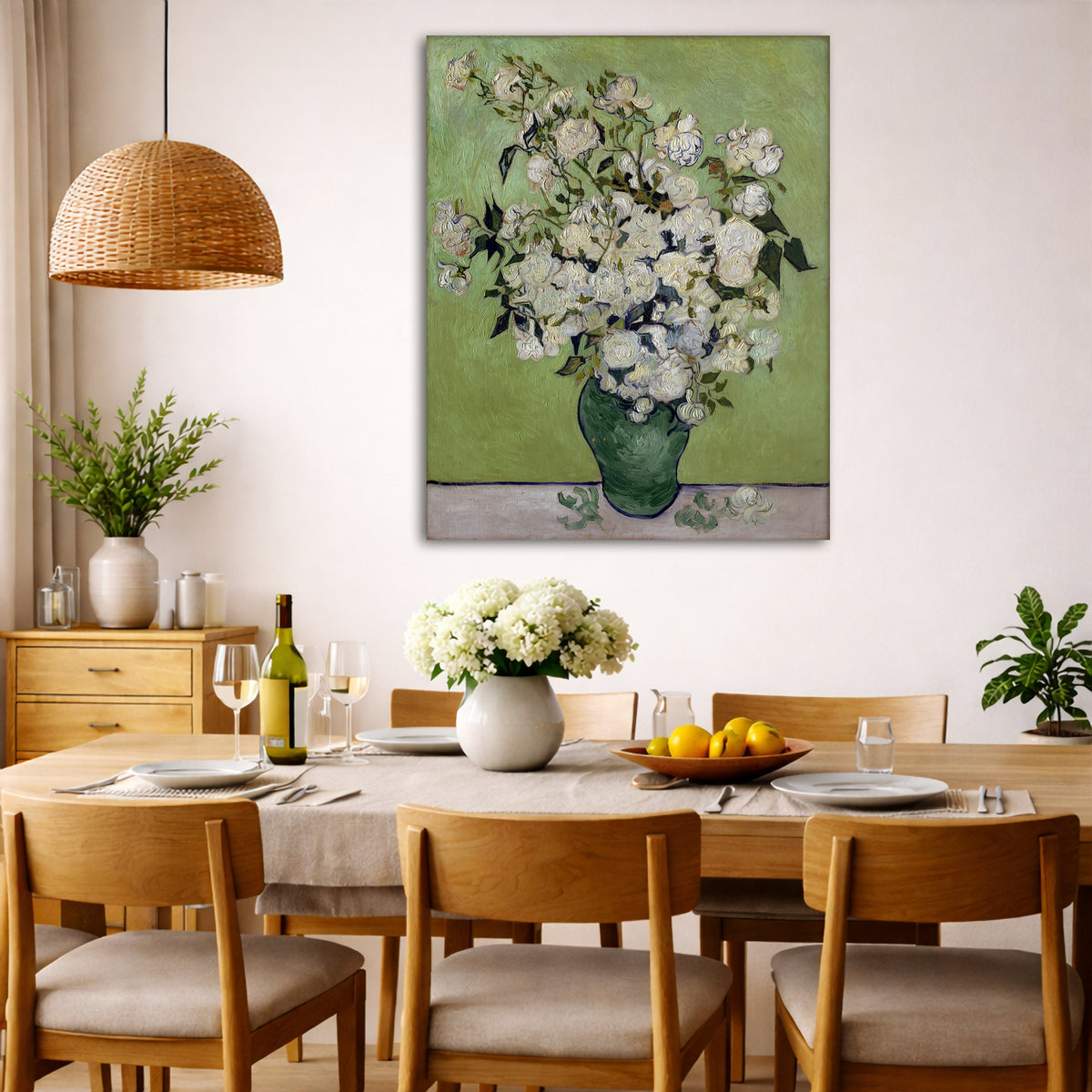 Vincent van Gogh - White Roses Giclée canvas wall art displayed in a dining room interior