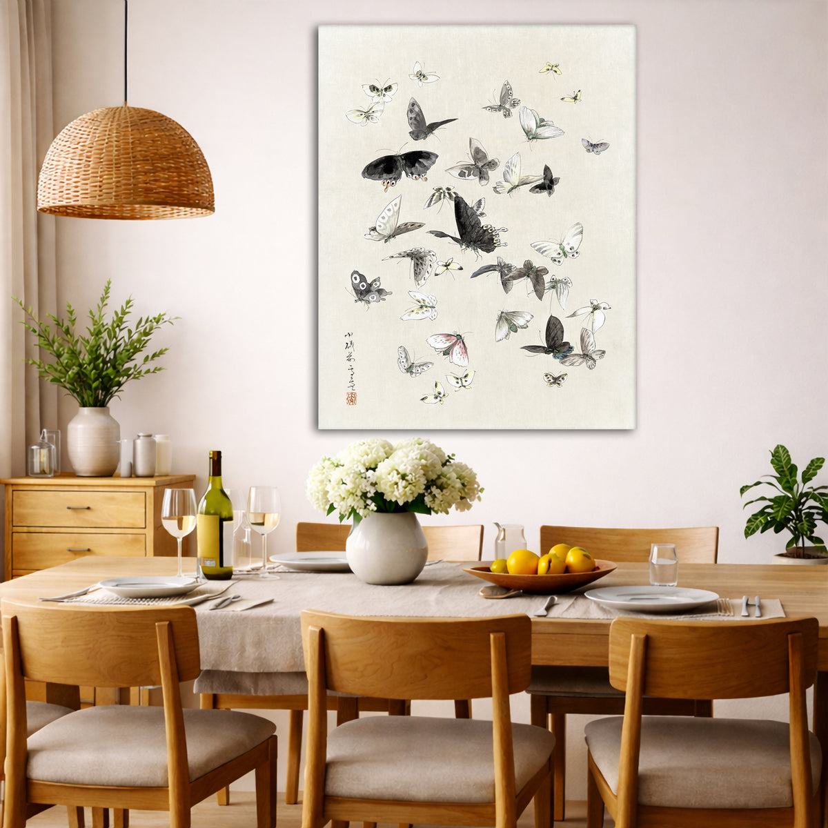 Katsushika Hokusai - Butterflies Giclée canvas wall art displayed in a dining room interior