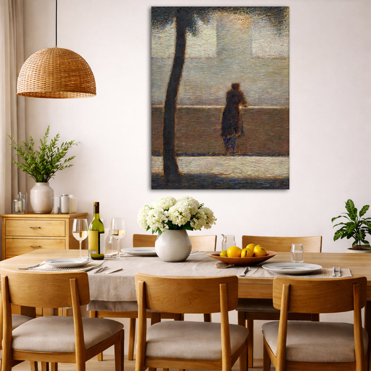 Georges Seurat - Man Leaning on a Parapet Giclée canvas wall art displayed in a dining room interior