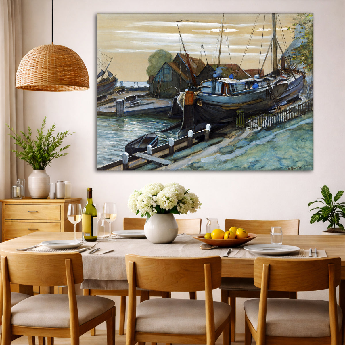 Piet Mondrian - Durgerdam Harbour Giclée canvas wall art displayed in a dining room interior