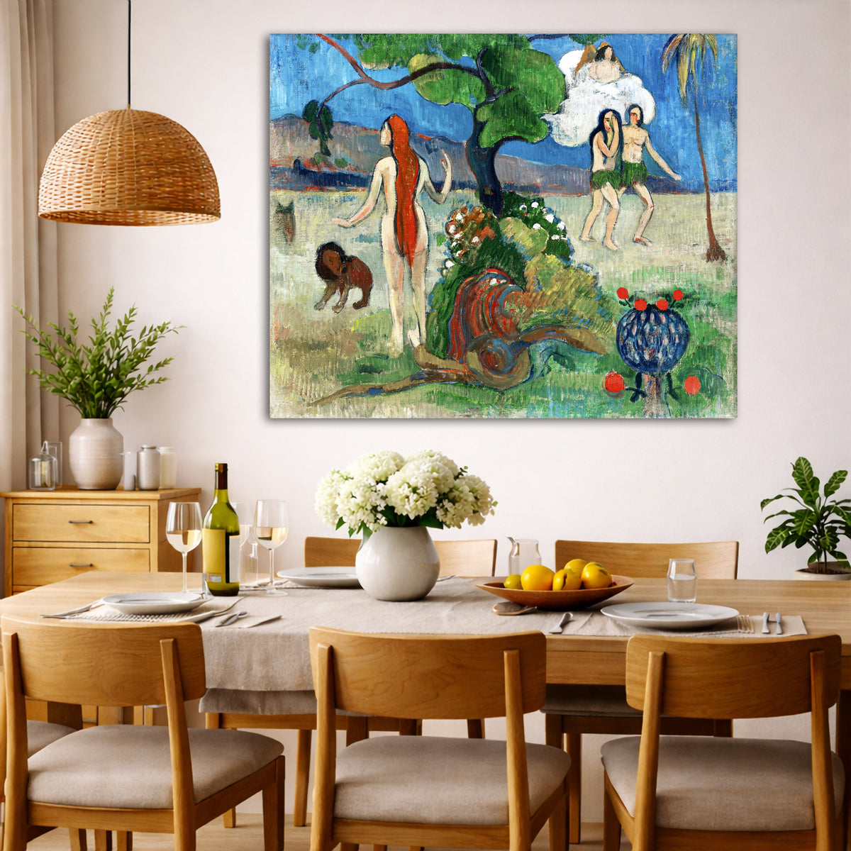 Paul Gauguin - Paradise Lost Adam and Eve Giclée canvas wall art displayed in a dining room interior