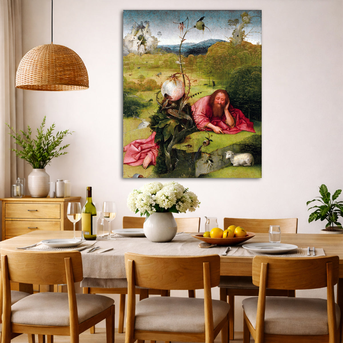 Hieronymus Bosch - St. John the Baptist in the Wilderness Giclée canvas wall art displayed in a dining room interior