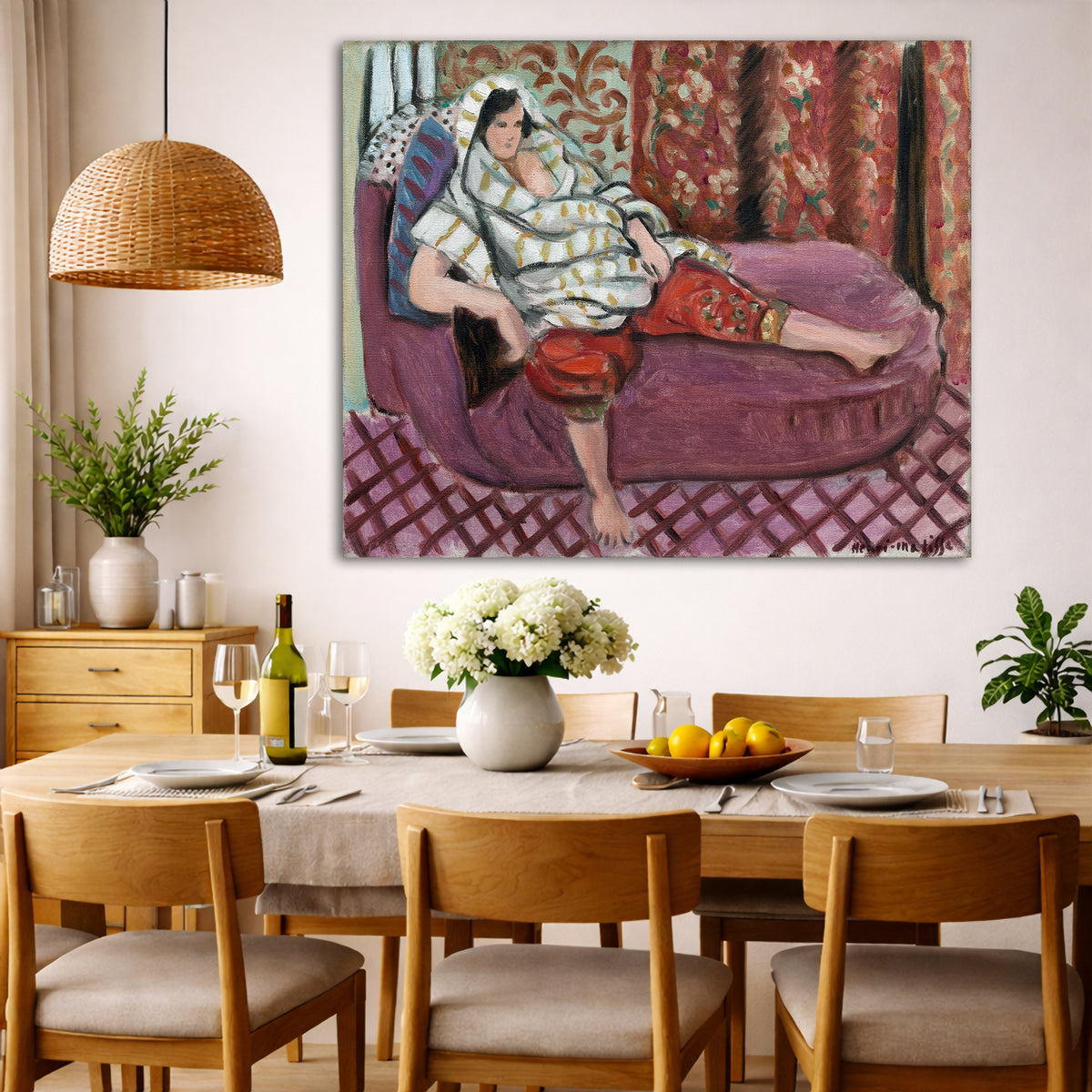 Henri Matisse - Woman on a Pink Divan Giclée canvas wall art displayed in a dining room interior