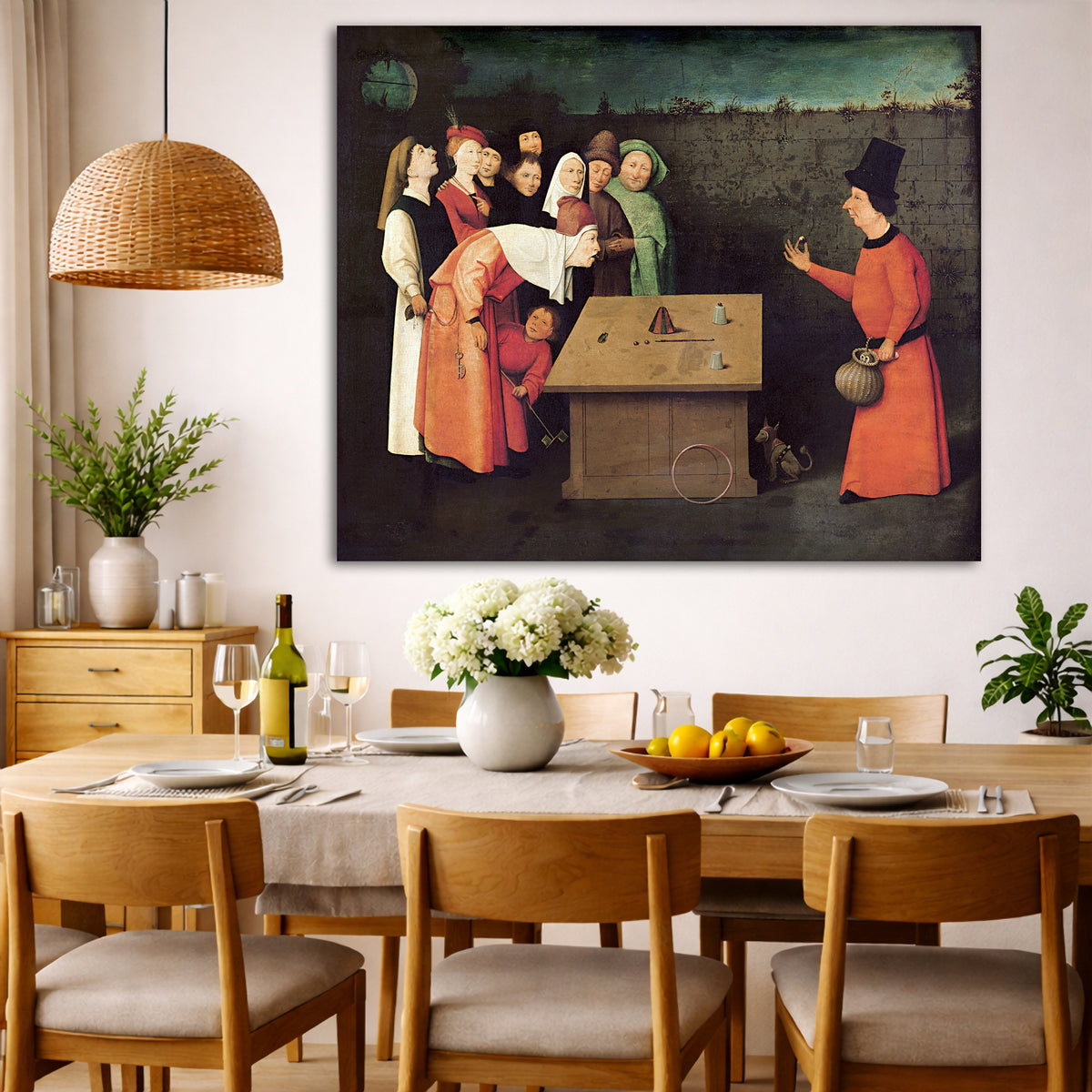 Hieronymus Bosch - The Conjurer Giclée canvas wall art displayed in a dining room interior