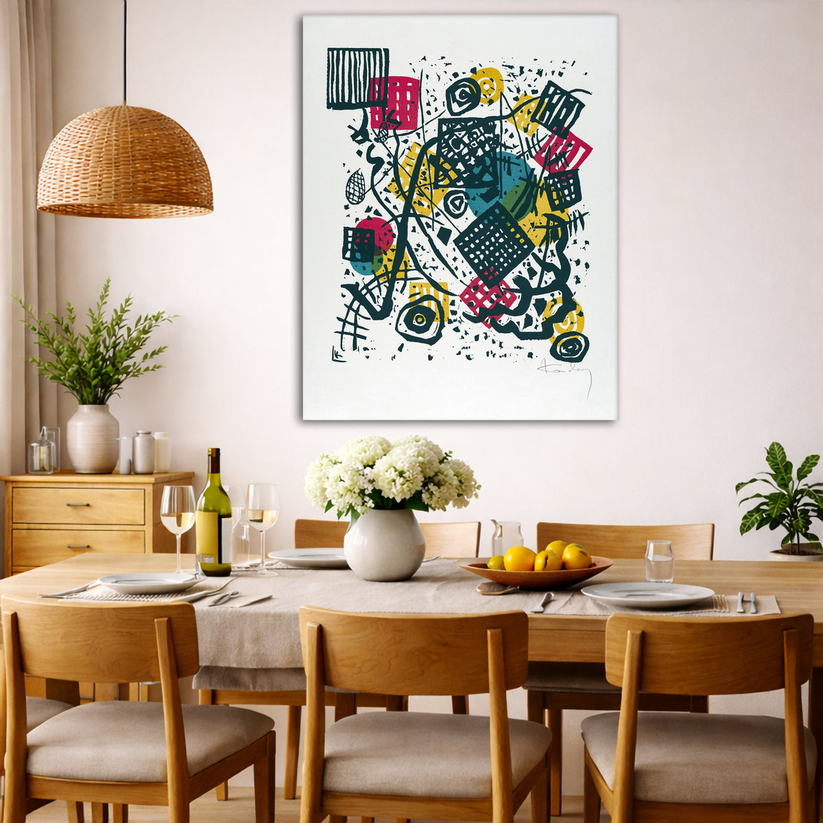 Wassily Kandinsky - Small Worlds V Giclée canvas wall art displayed in a dining room interior