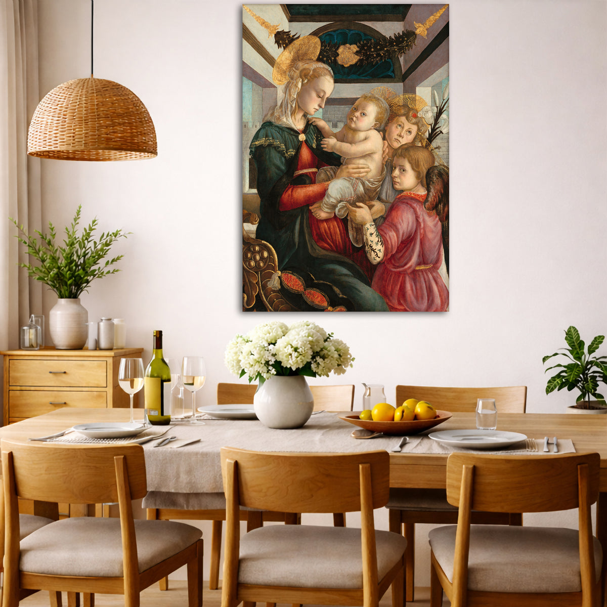 Sandro Botticelli - Madonna and Child with Angels Giclée canvas wall art displayed in a dining room interior