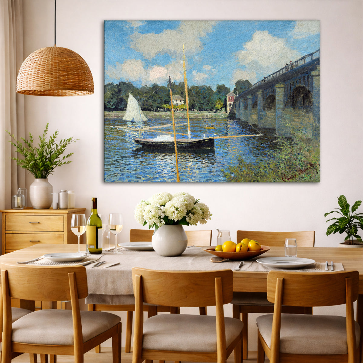 Claude Monet - Bridge at Argenteuil Giclée canvas wall art displayed in a dining room interior