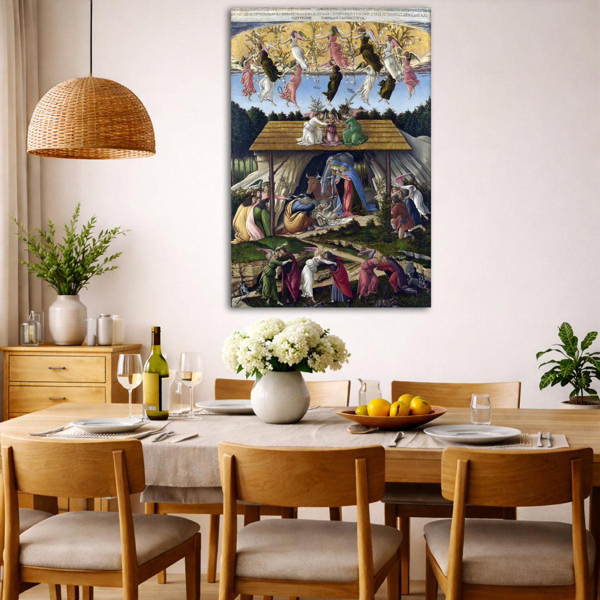 Sandro Botticelli - Mystical Nativitys Giclée canvas wall art displayed in a dining room interior