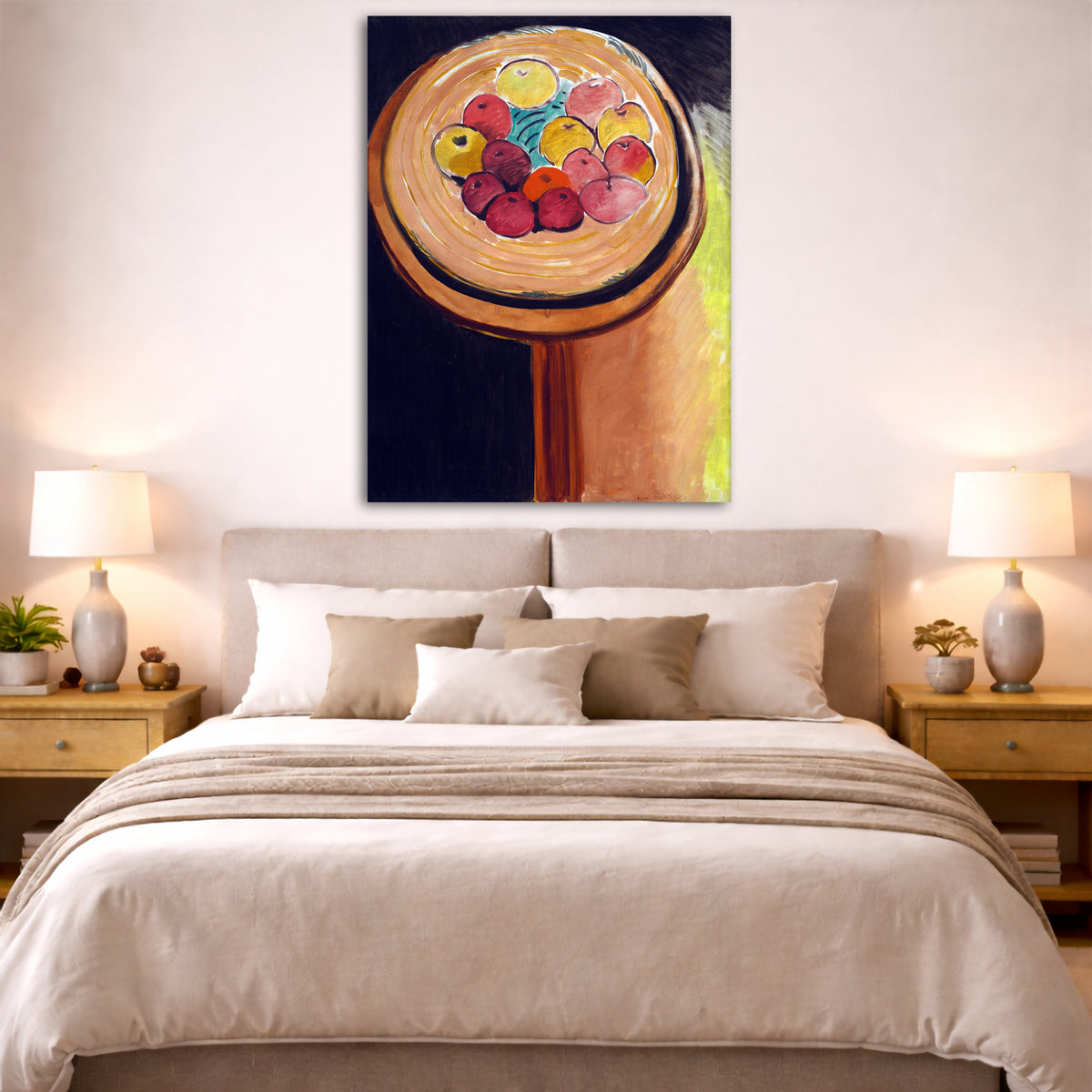 Henri Matisse - Apples Giclée canvas print displayed above a bed in a bedroom interior