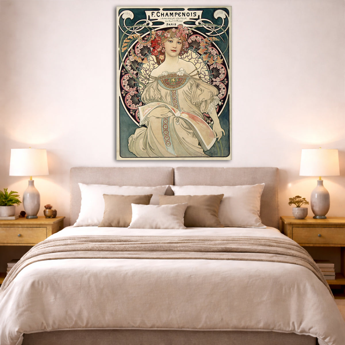 Alphonse Mucha - – F. Champenois Imprimeur-Éditeur Giclée canvas print displayed above a bed in a bedroom interior
