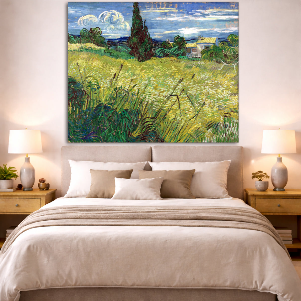 Vincent van Gogh - Green Field Giclée canvas print displayed above a bed in a bedroom interior