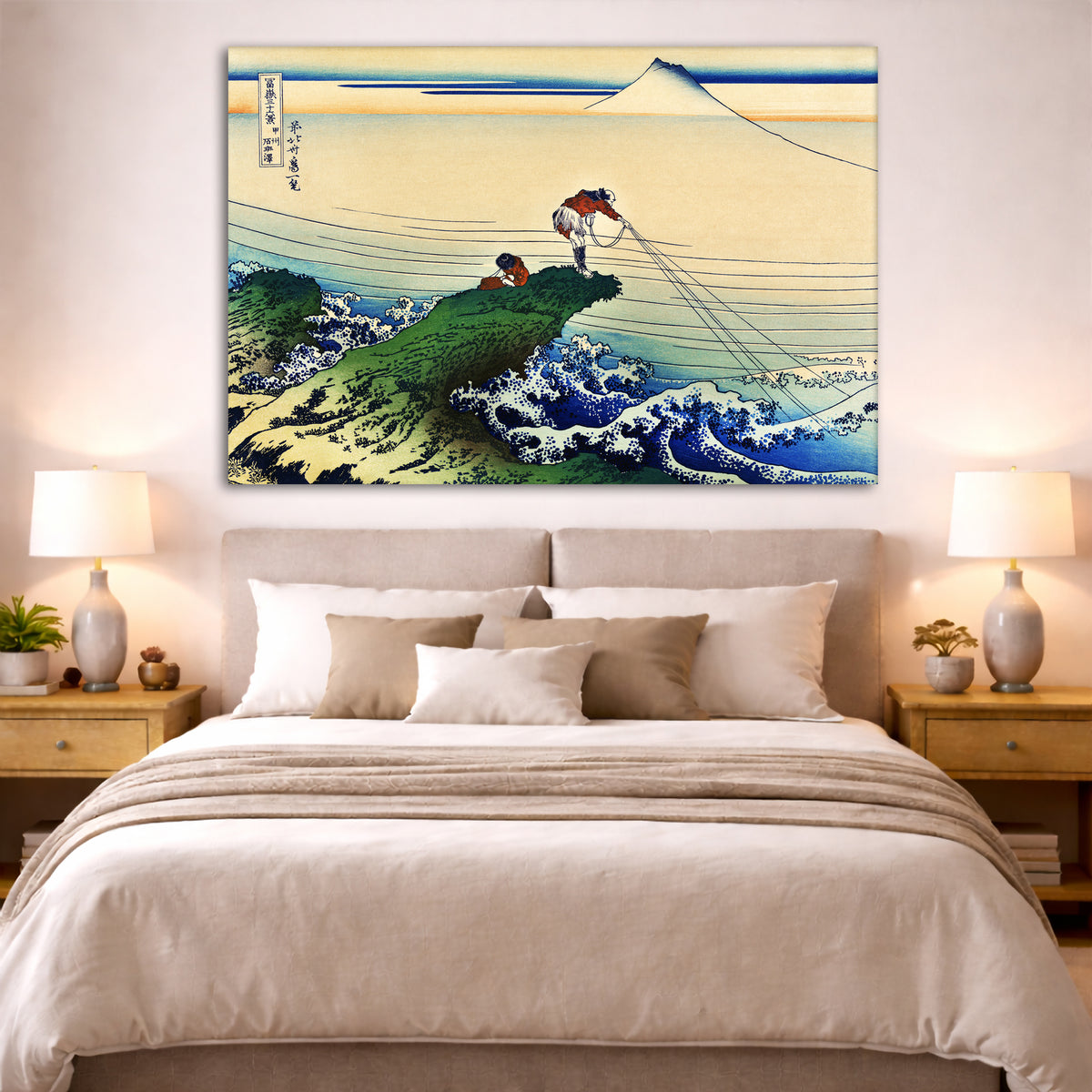 Katsushika Hokusai - Koshu Kajikazawa Giclée canvas print displayed above a bed in a bedroom interior