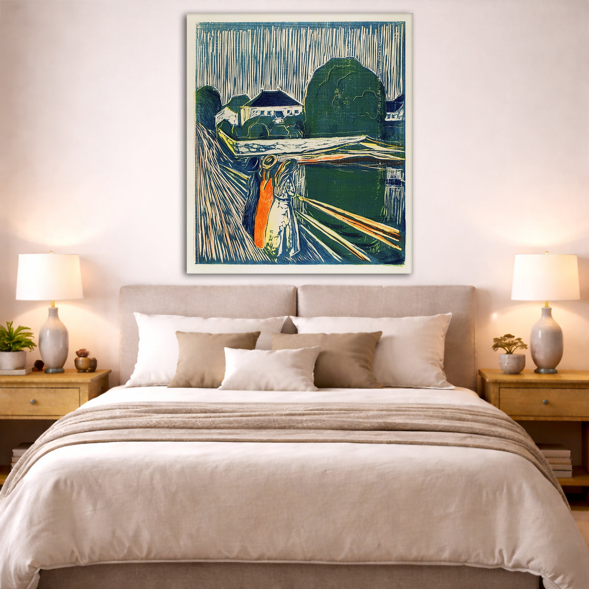 Edvard Munch - The Girls on the Bridge Giclée canvas print displayed above a bed in a bedroom interior