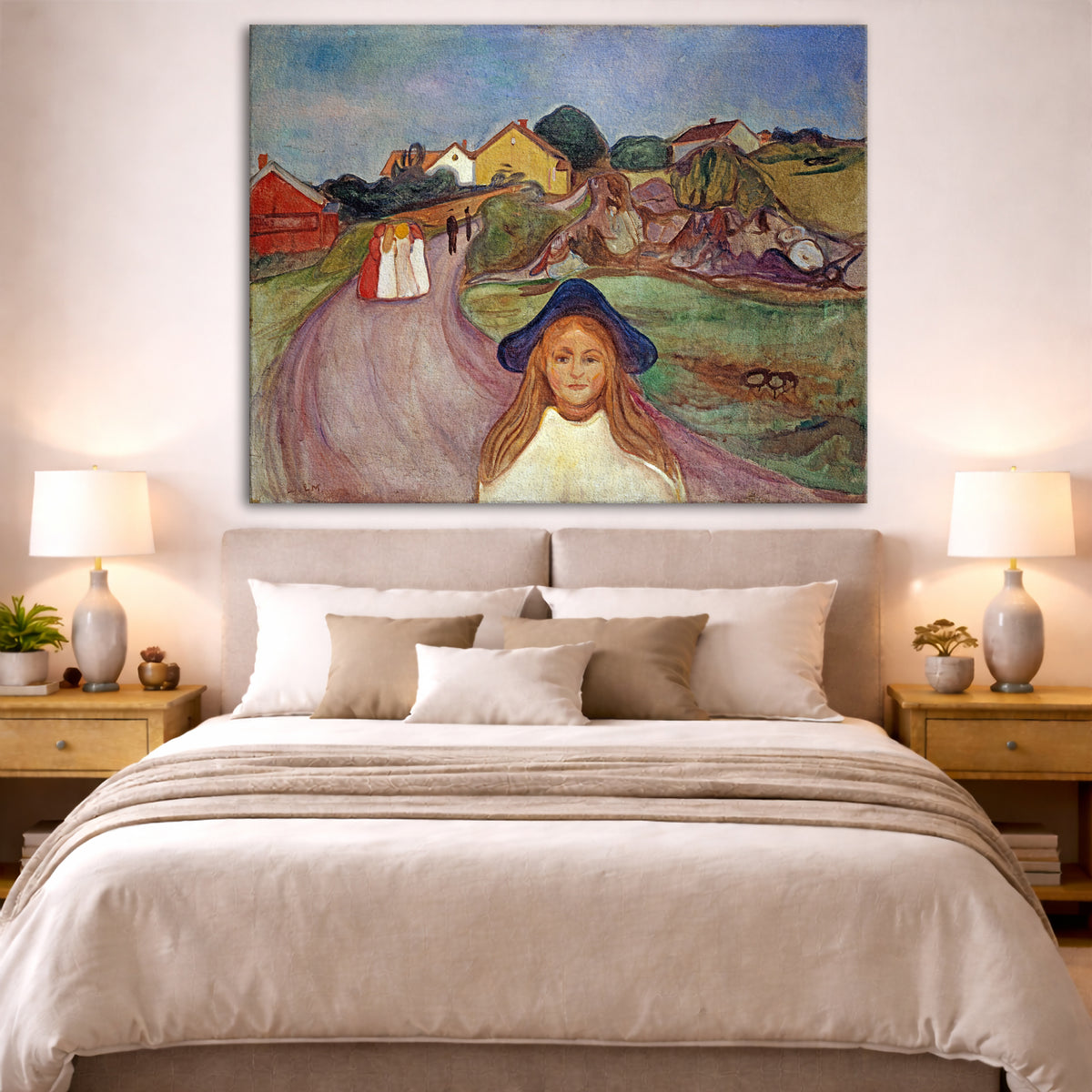 Edvard Munch - Street in Åsgårdstrand Giclée canvas print displayed above a bed in a bedroom interior