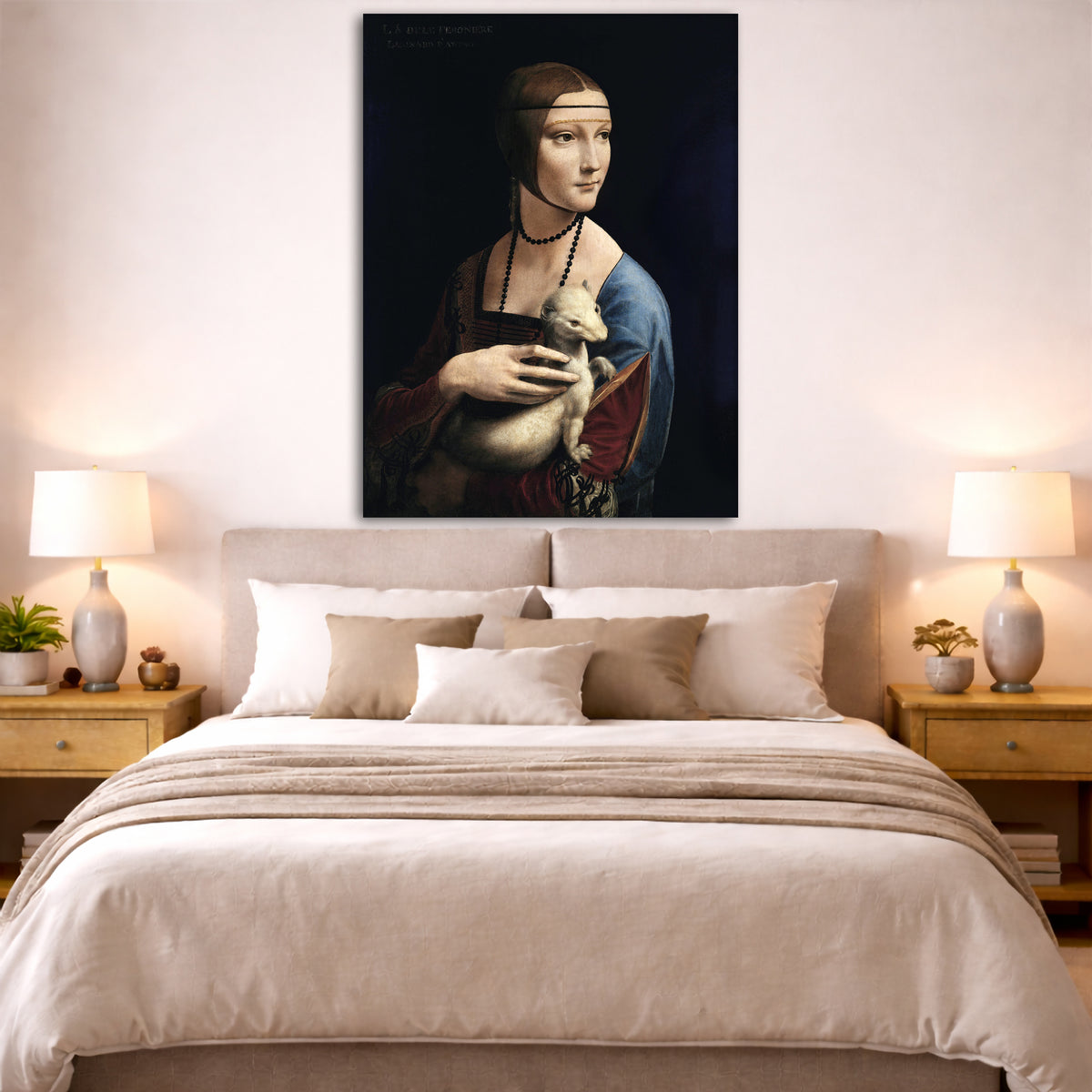 Leonardo Da Vinci - Lady with an Ermine Giclée canvas print displayed above a bed in a bedroom interior