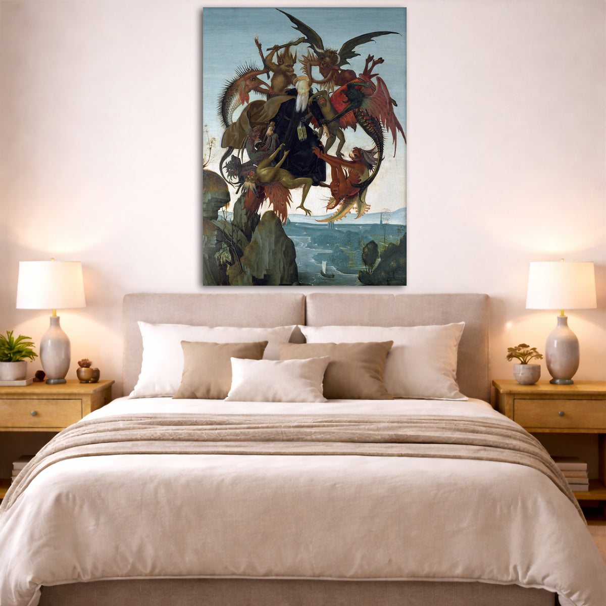 Michelangelo - Torment of St Anthony Giclée canvas print displayed above a bed in a bedroom interior