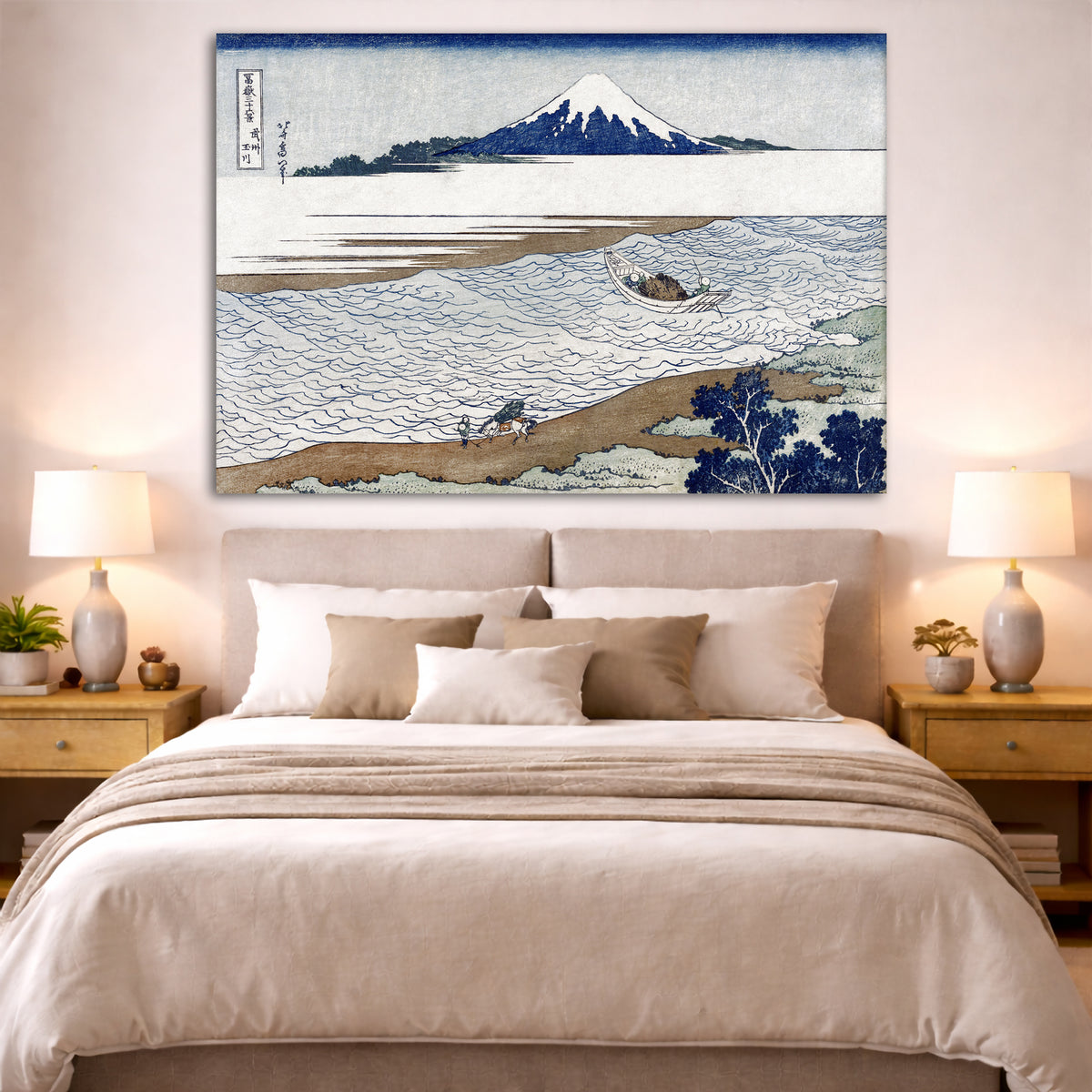 Katsushika Hokusai - Tama River in Musashi Giclée canvas print displayed above a bed in a bedroom interior