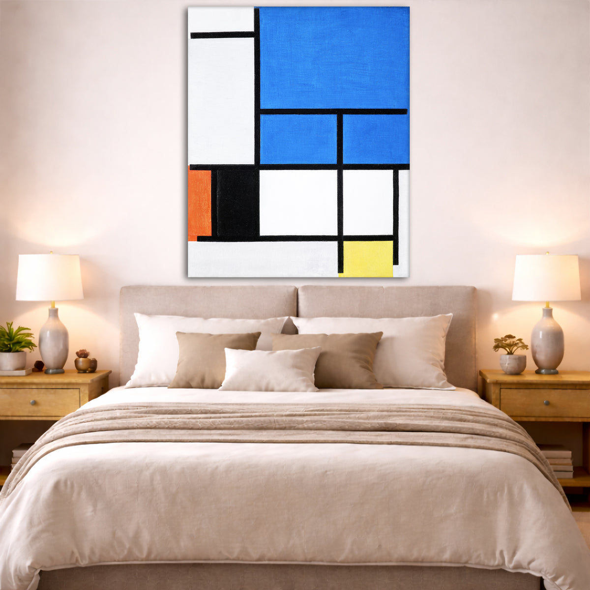 Piet Mondrian - Composition with Large Blue Plane, Red Giclée canvas print displayed above a bed in a bedroom interior
