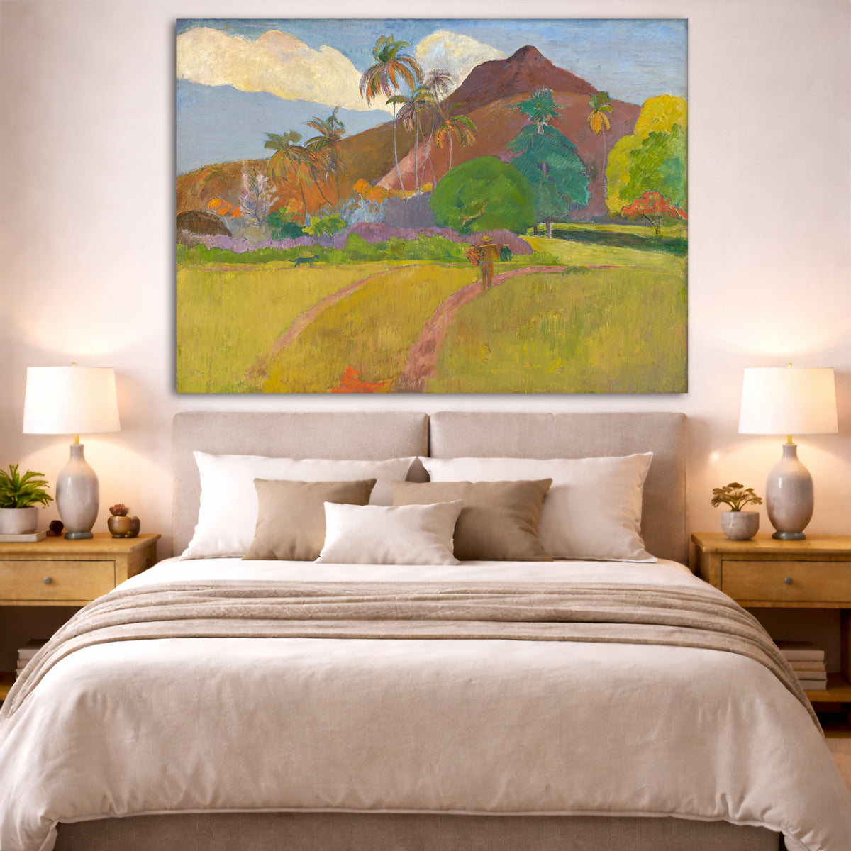 Paul Gauguin - Tahitian Landscape Giclée canvas print displayed above a bed in a bedroom interior