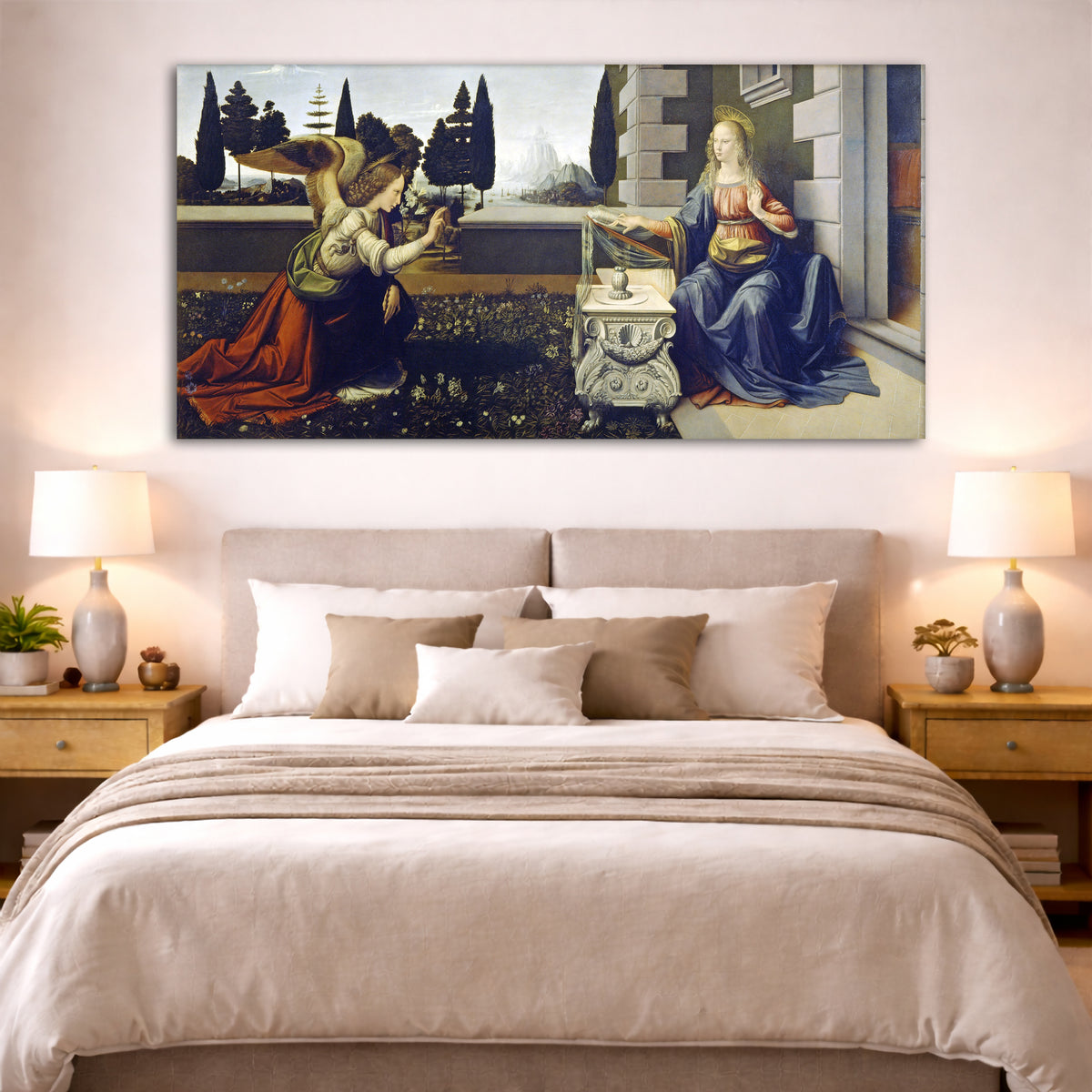 Leonardo Da Vinci - Annunciation Giclée canvas print displayed above a bed in a bedroom interior