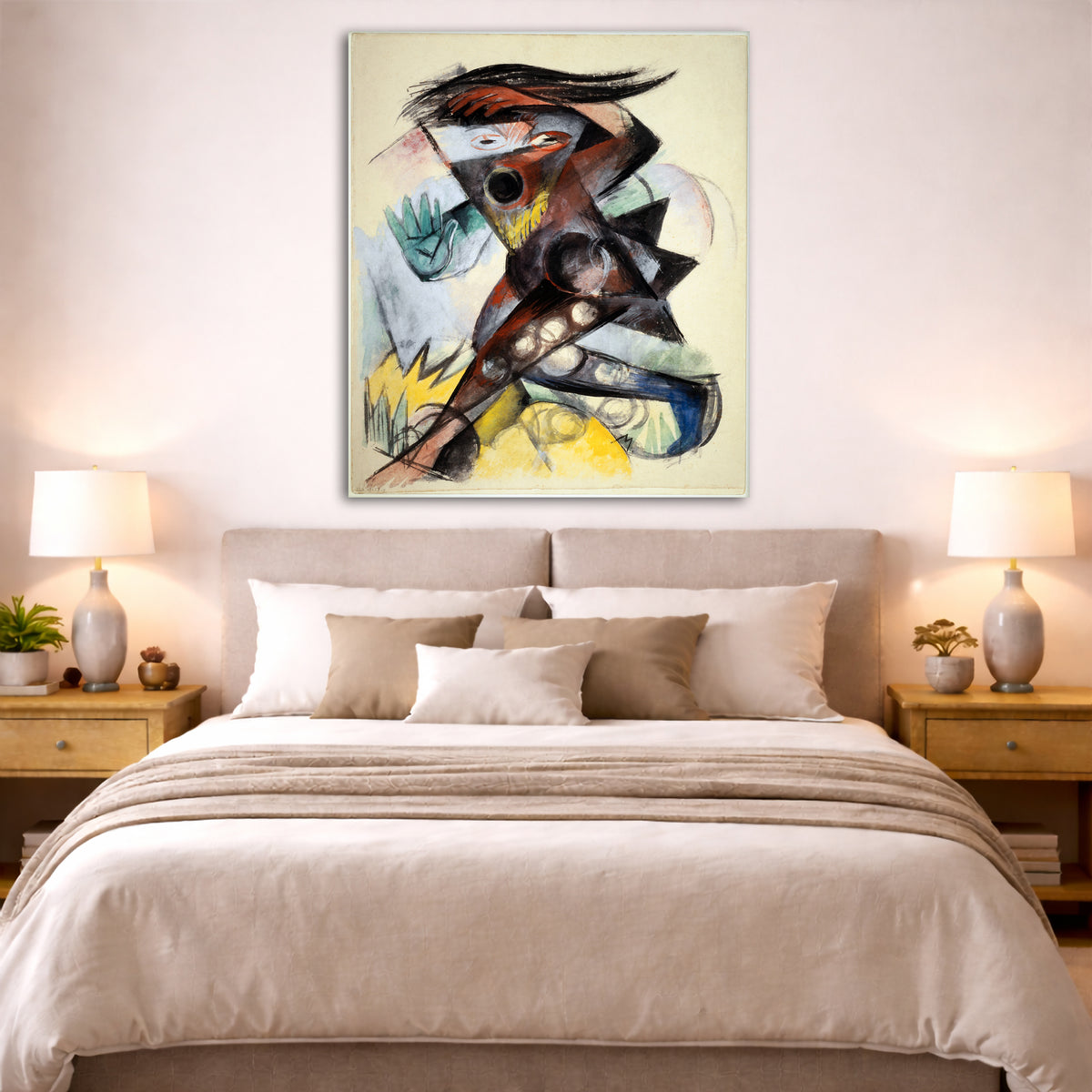 Franz Marc - Caliban The Tempest Giclée canvas print displayed above a bed in a bedroom interior