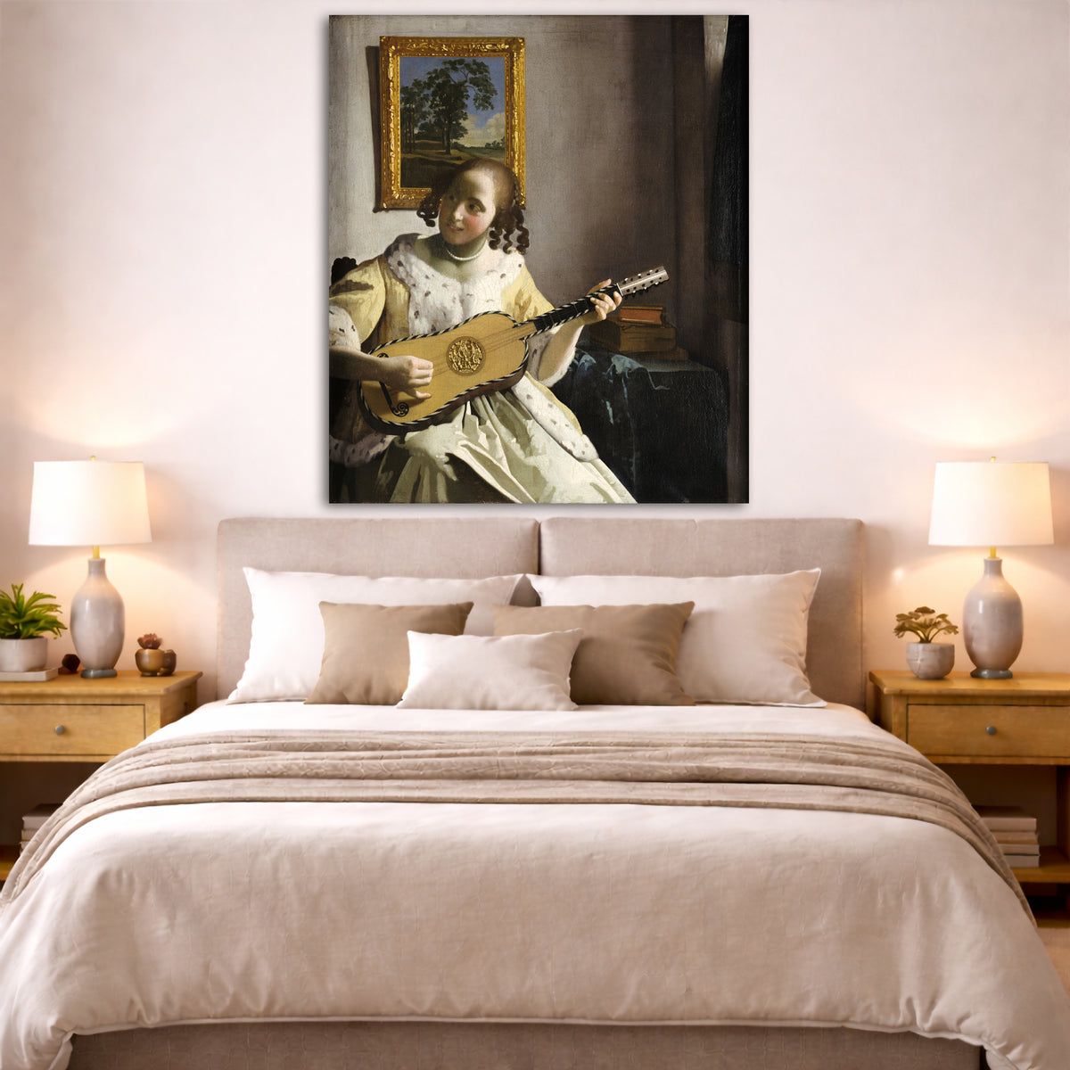 Jan Vermeer - The Guitar Player Giclée canvas print displayed above a bed in a bedroom interior