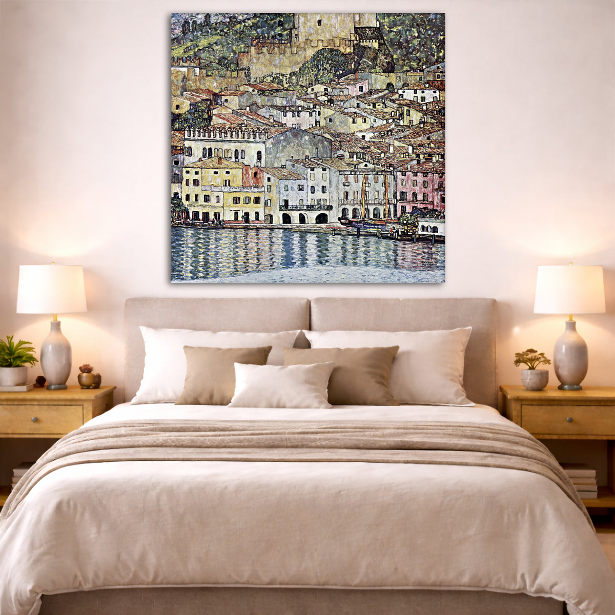 Gustav Klimt - Malcesine on Lake Garda Giclée canvas print displayed above a bed in a bedroom interior