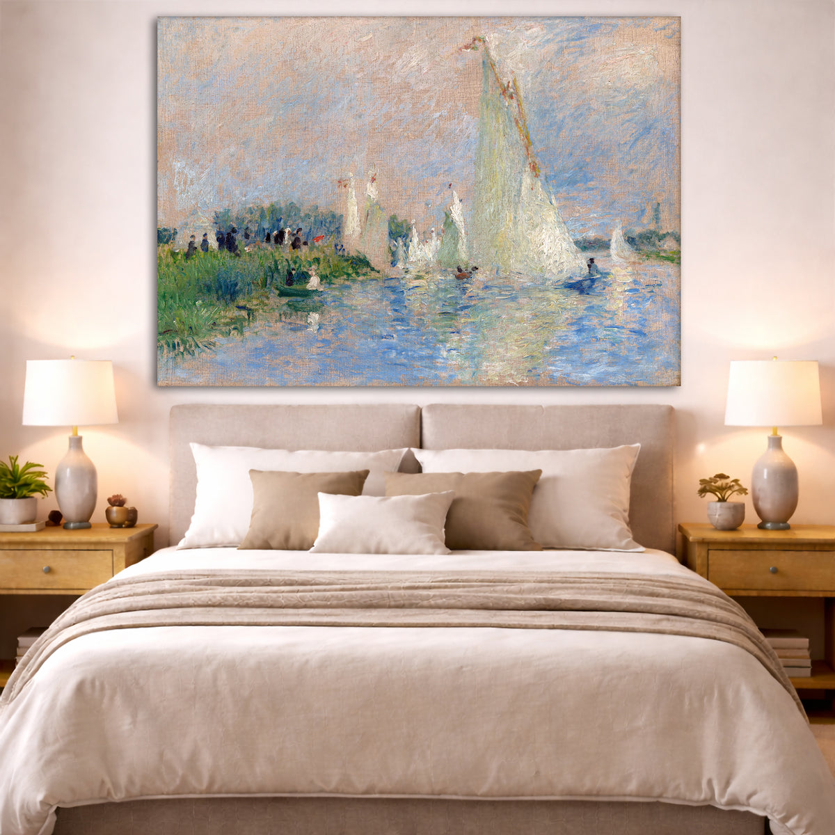 Pierre-Auguste Renoir - Regatta at Argenteuil Giclée canvas print displayed above a bed in a bedroom interior