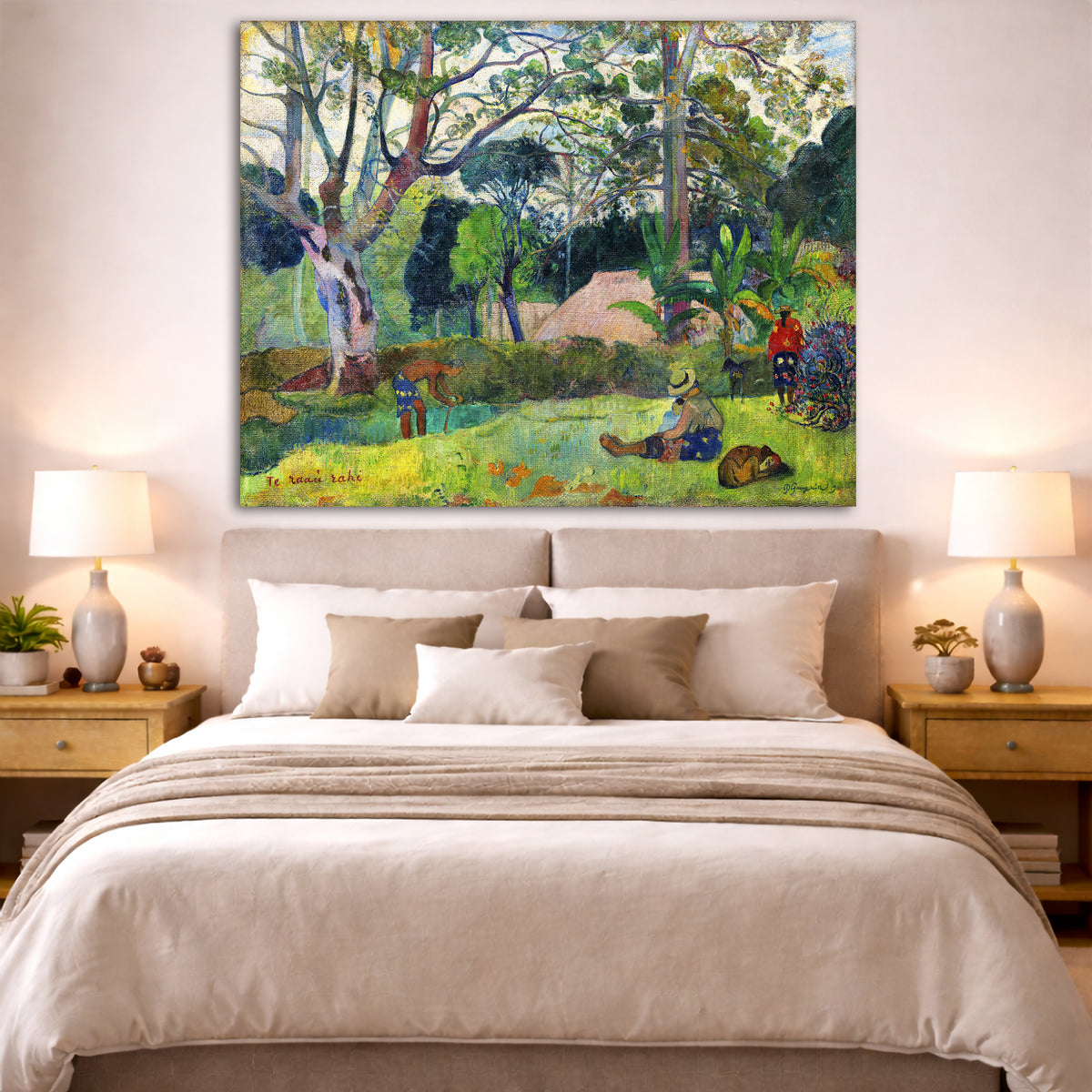 Paul Gauguin - The Big Tree Te raau rahi Giclée canvas print displayed above a bed in a bedroom interior