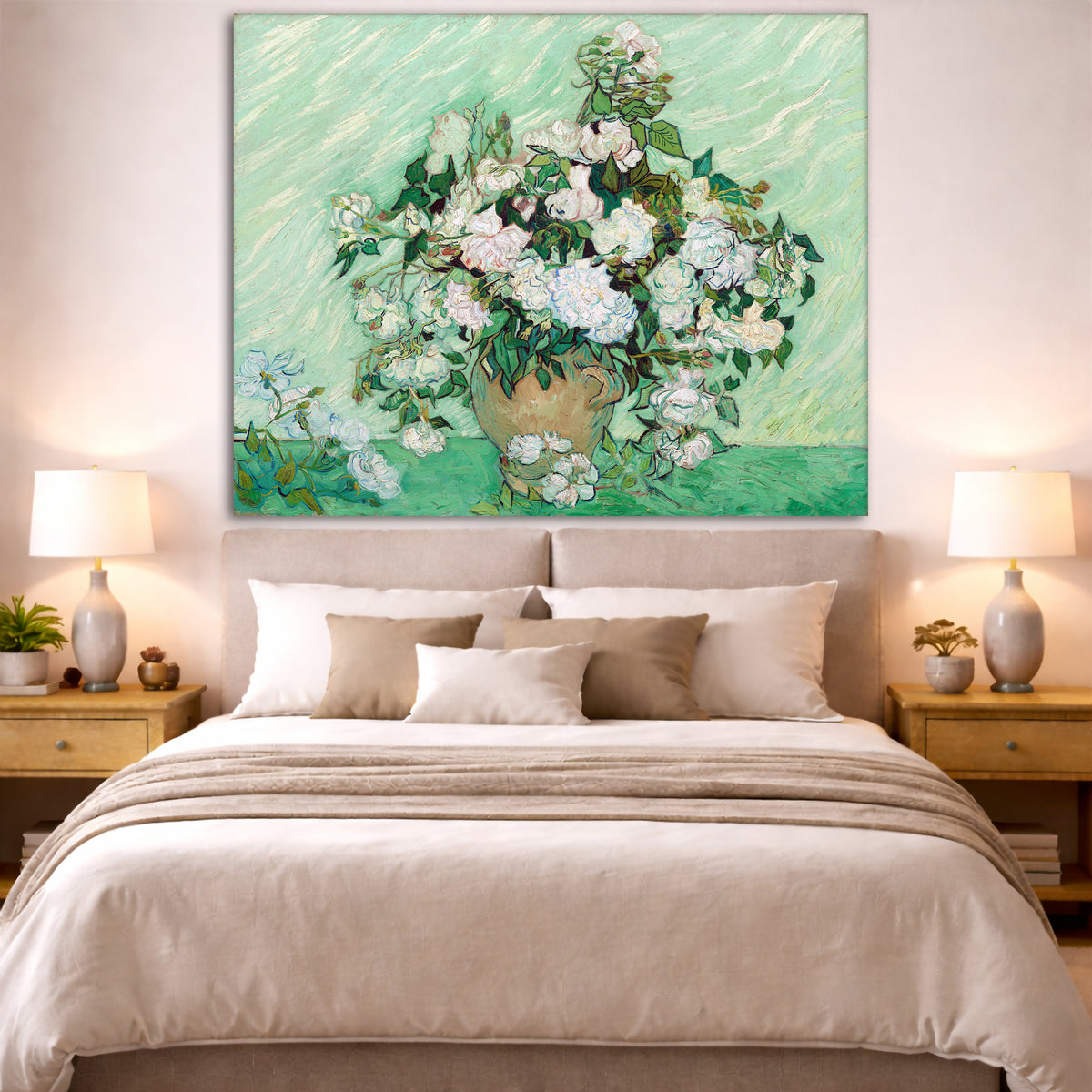 Vincent van Gogh - Roses Giclée canvas print displayed above a bed in a bedroom interior