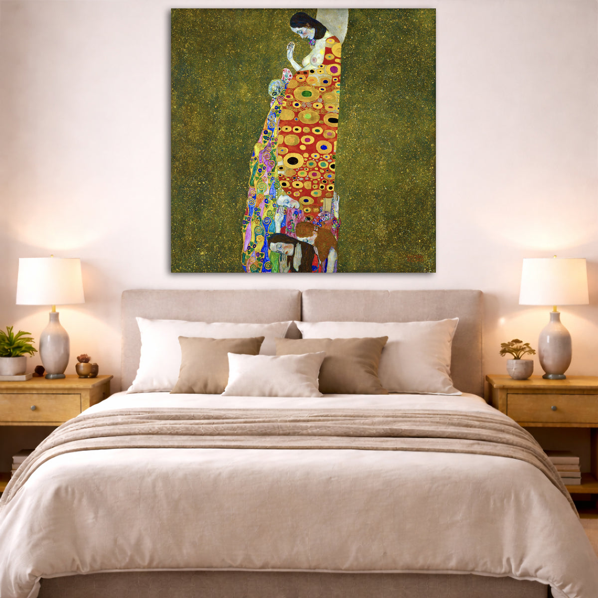 Gustav Klimt - Hope II Giclée canvas print displayed above a bed in a bedroom interior