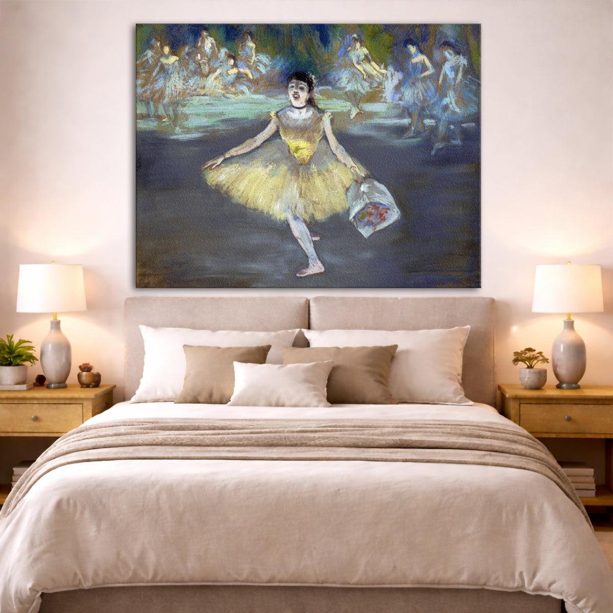 Edgar Degas - Dancer with Bouquet Giclée canvas print displayed above a bed in a bedroom interior